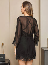 [Black] SilkSilky Pure Silk 3/4 Sleeve Nightgown&Robe Set 003