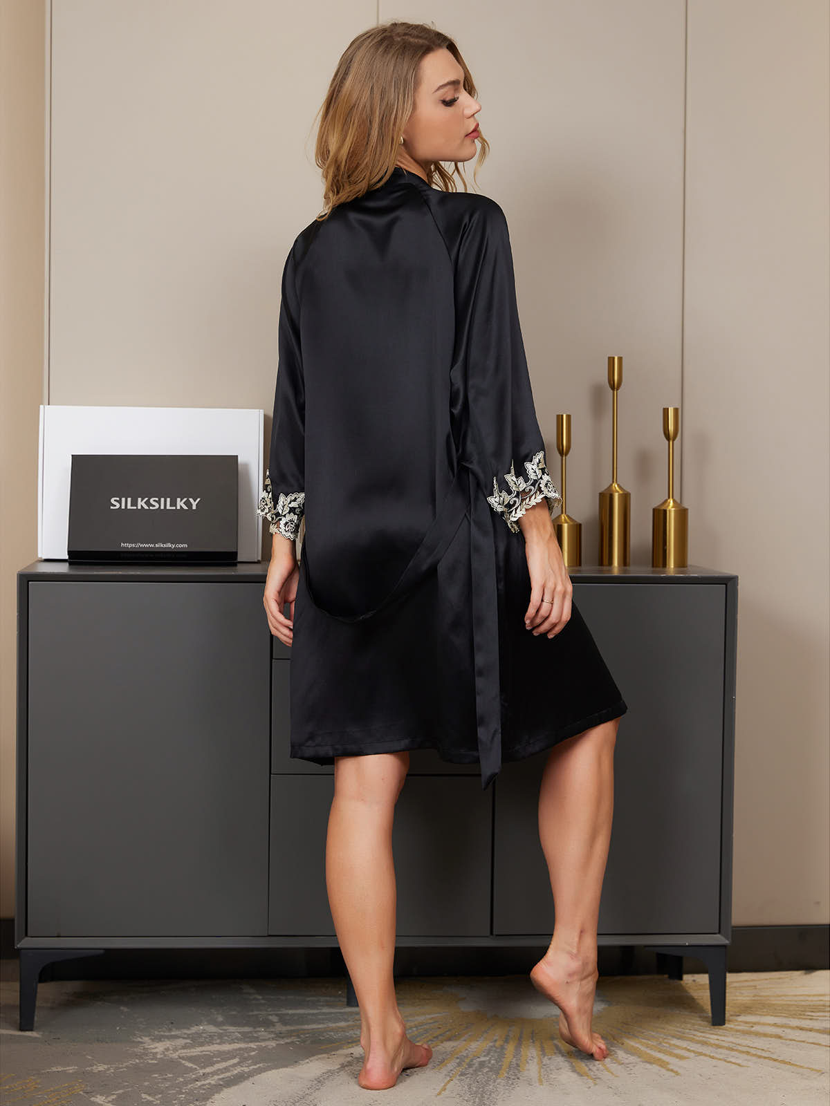 [Black] SilkSilky Pure Silk 3/4 Sleeve Womens Robe 002