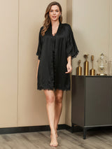 [Black] SilkSilky  3/4 Sleeve V Neck Nightgown&Robe Set 005