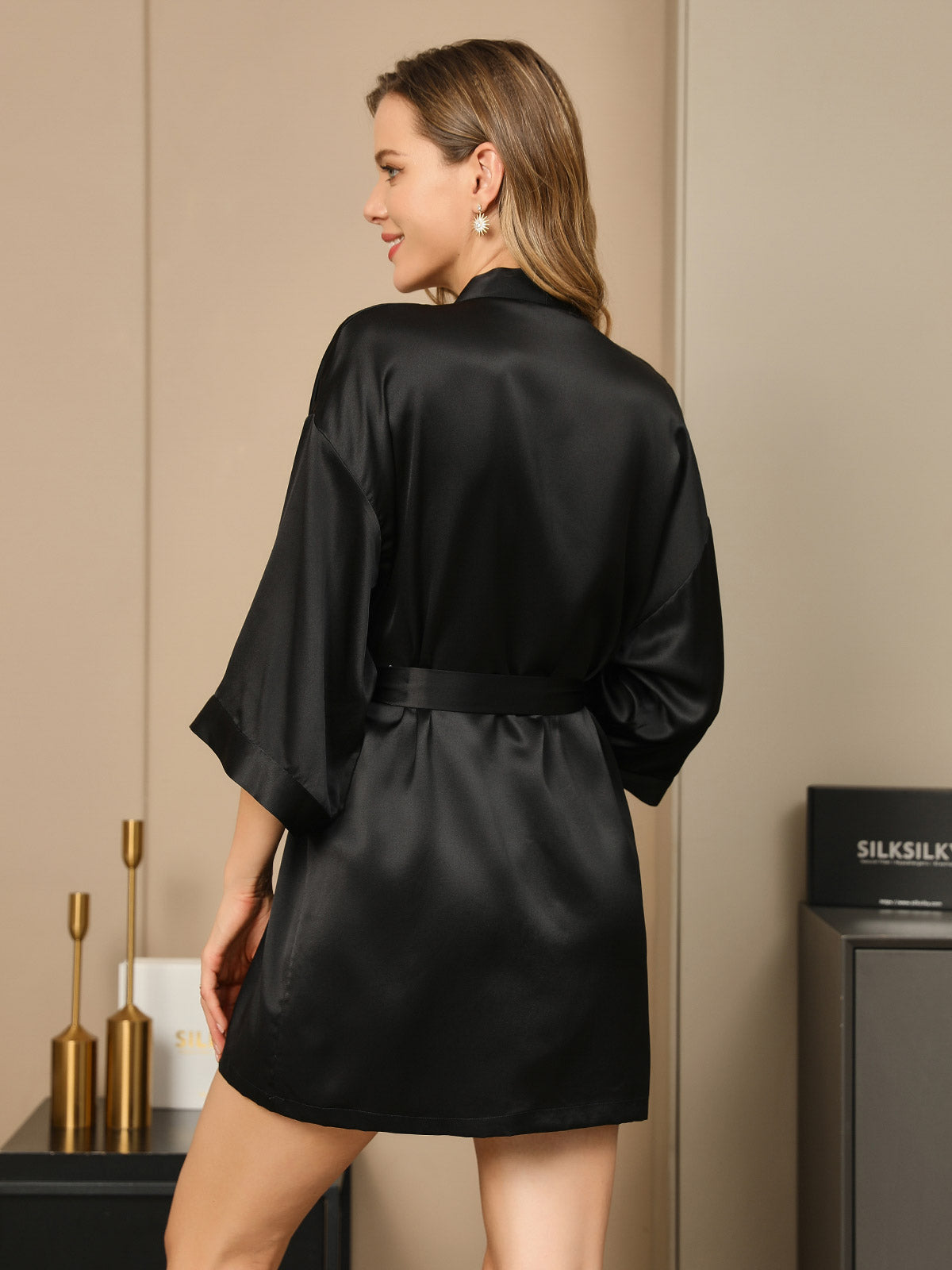 [Black] SilkSilky Pure Silk Half Sleeve Womens Robe 005