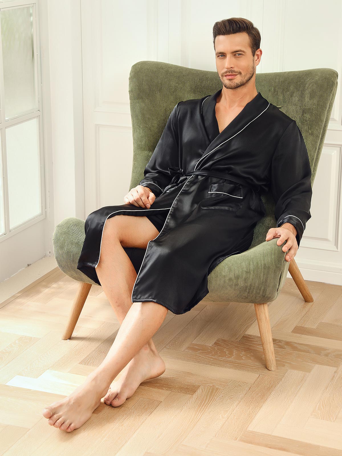 [Black] SilkSilky Pure Silk Long Sleeve Lapel Men's Robe 001