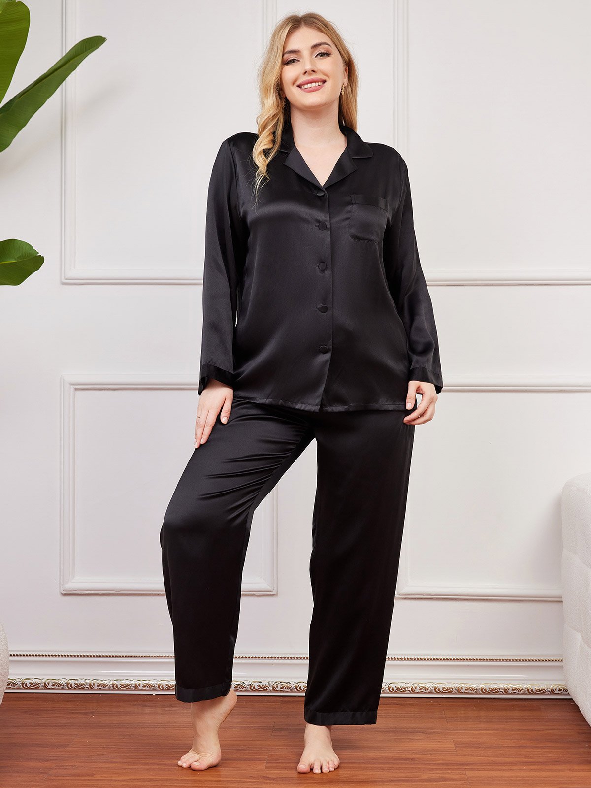 [Black] SilkSilky Pure Silk Long Sleeve Lapel Plus Size Pajamas 001