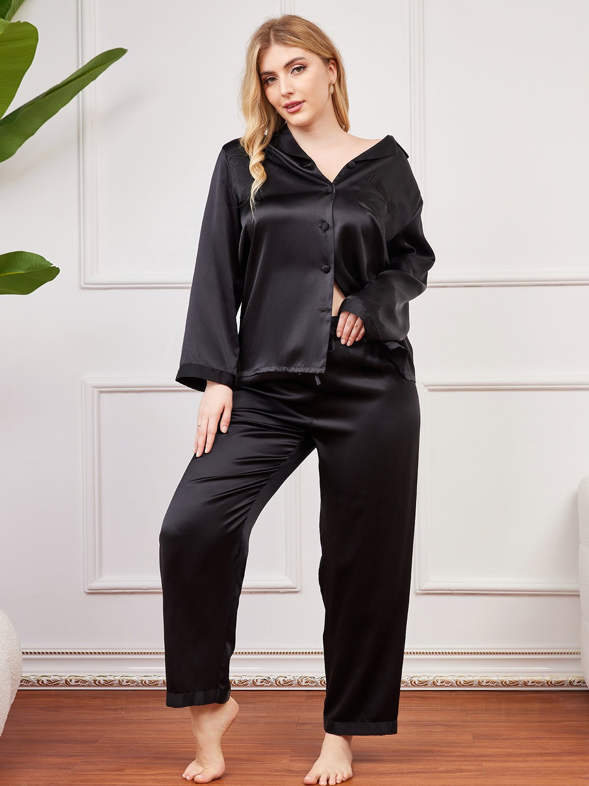 [Black] SilkSilky Pure Silk Long Sleeve Lapel Plus Size Pajamas 003