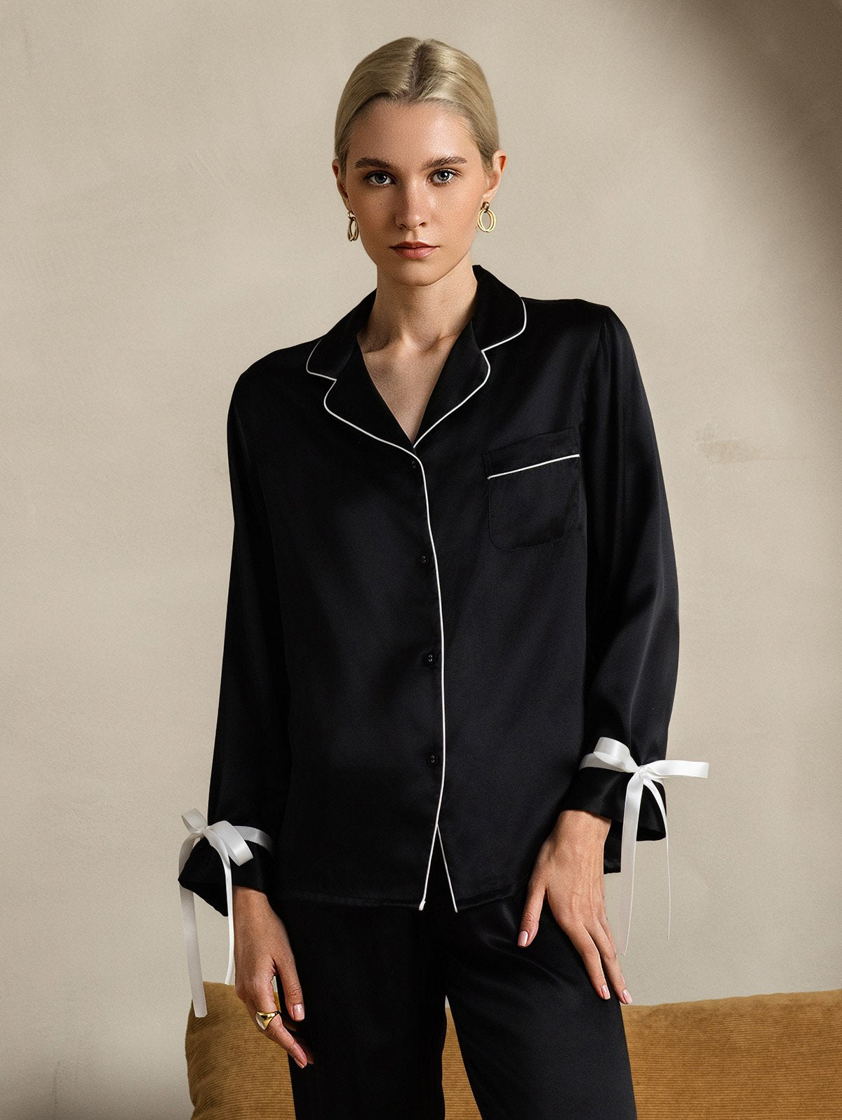 [Black] SilkSilky Pure Silk Long Sleeve Lapel Women's Pajamas 001