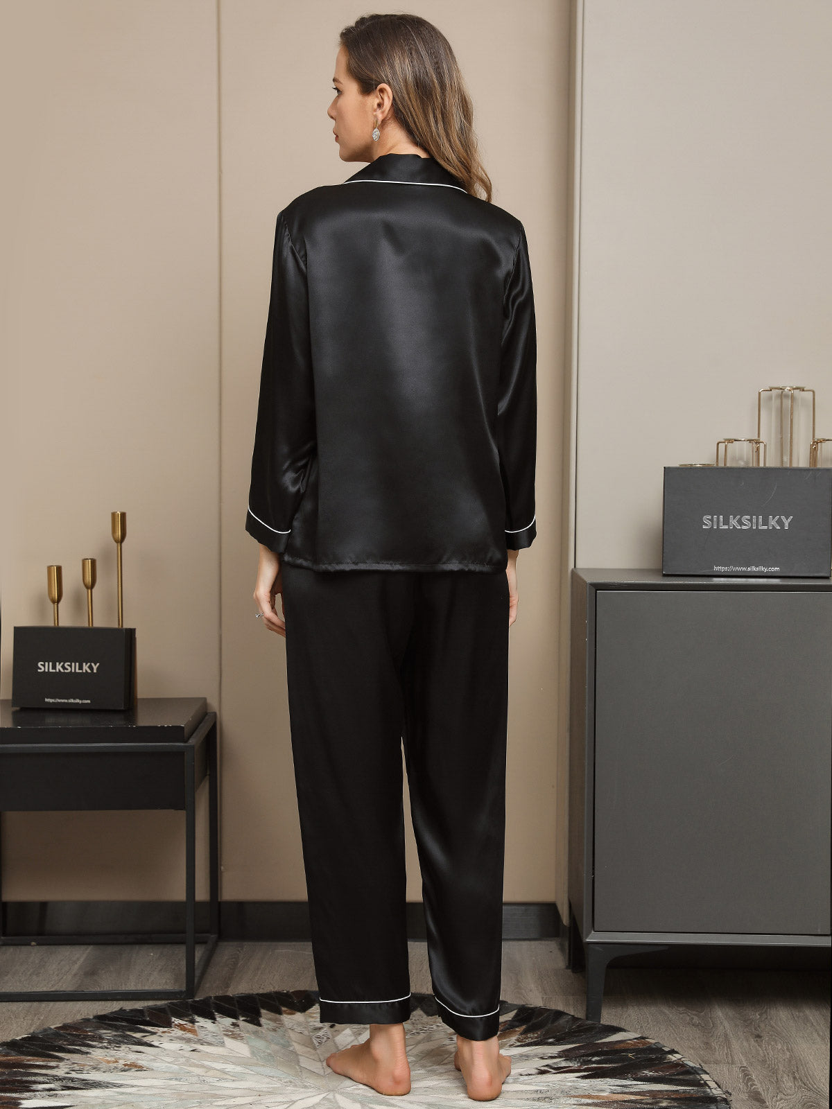 [Black] SilkSilky Pure Silk Long Sleeve Lapel Women's Pajamas 002