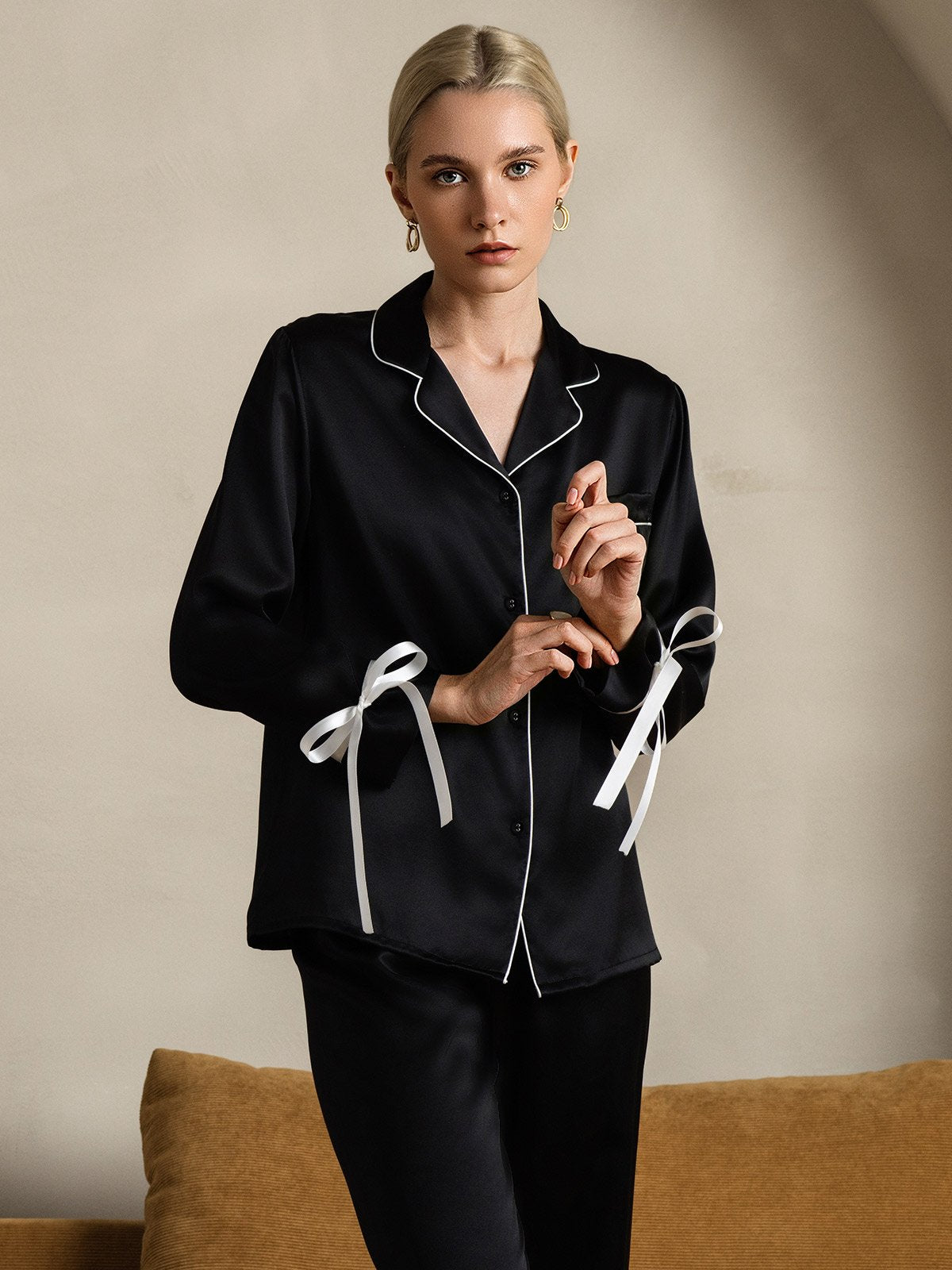 [Black] SilkSilky Pure Silk Long Sleeve Lapel Women's Pajamas 003