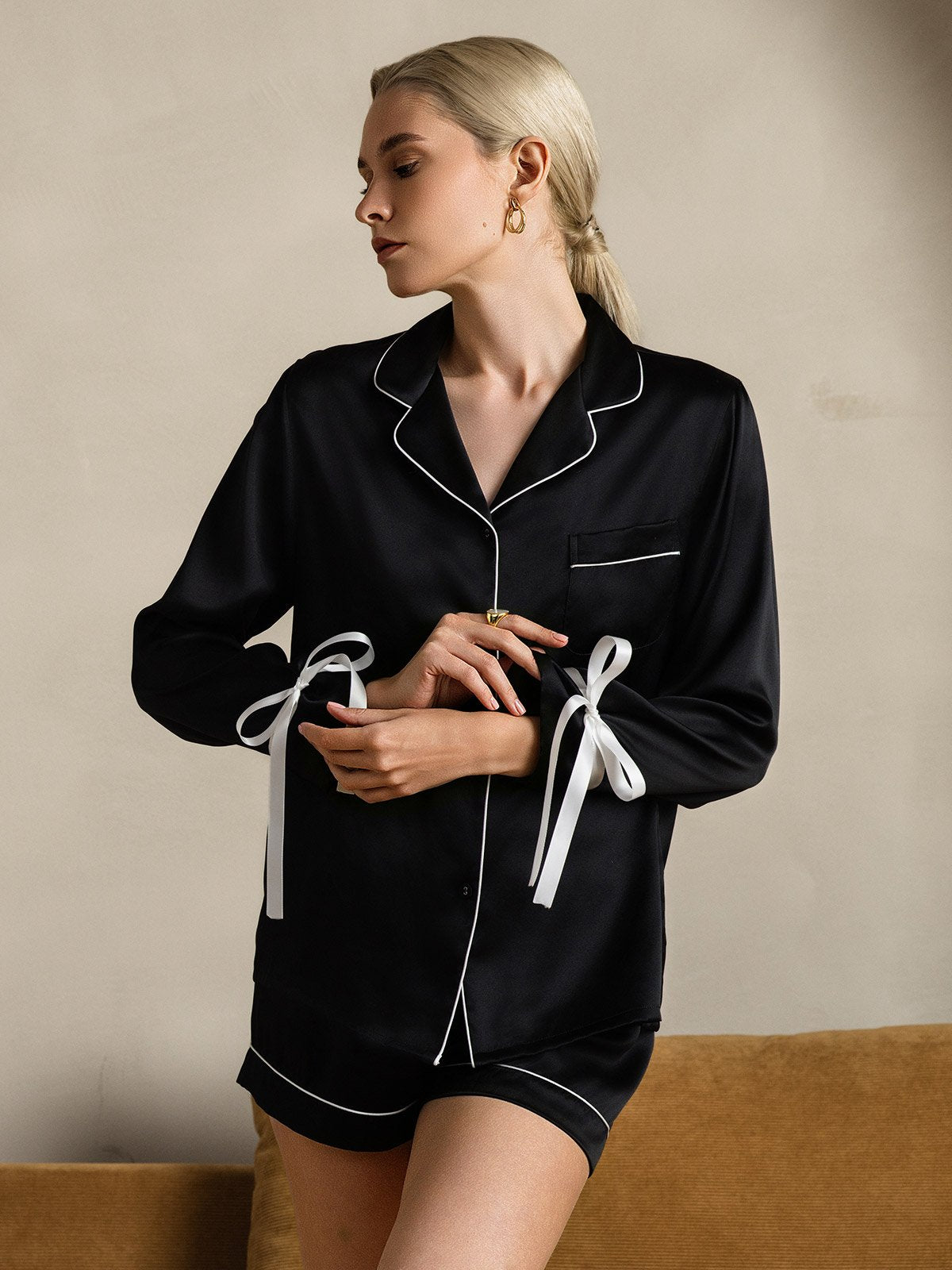 [Black] SilkSilky Pure Silk Long Sleeve Lapel Women's Pajamas 003