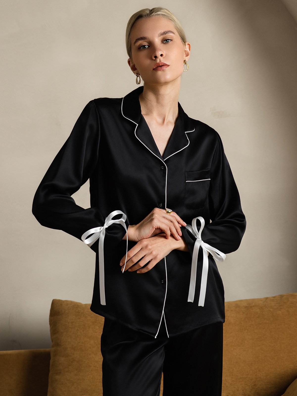 [Black] SilkSilky Pure Silk Long Sleeve Lapel Women's Pajamas 004