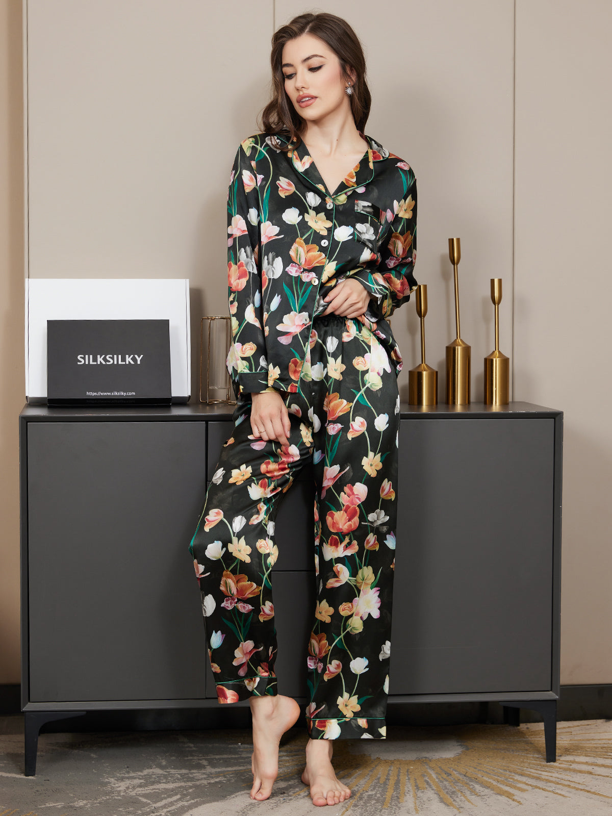 [Black] SilkSilky Pure Silk Long Sleeve Lapel Women's Pajamas 005