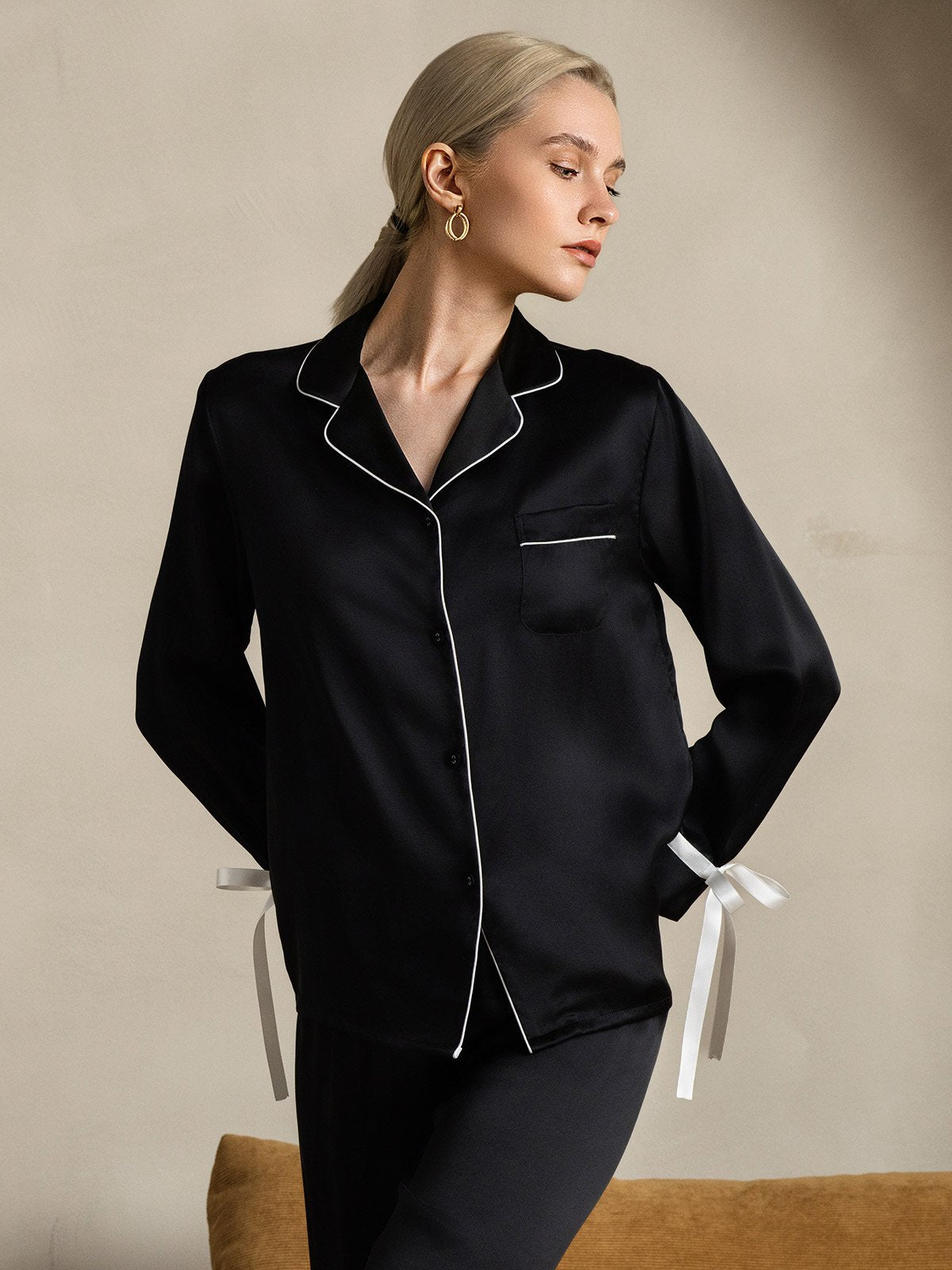 [Black] SilkSilky Pure Silk Long Sleeve Lapel Women's Pajamas 005