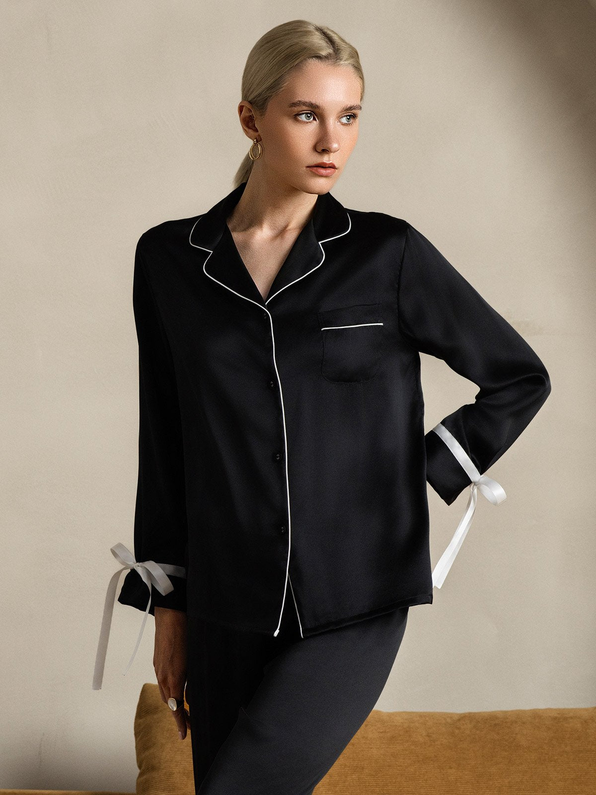 [Black] SilkSilky Pure Silk Long Sleeve Lapel Women's Pajamas 006