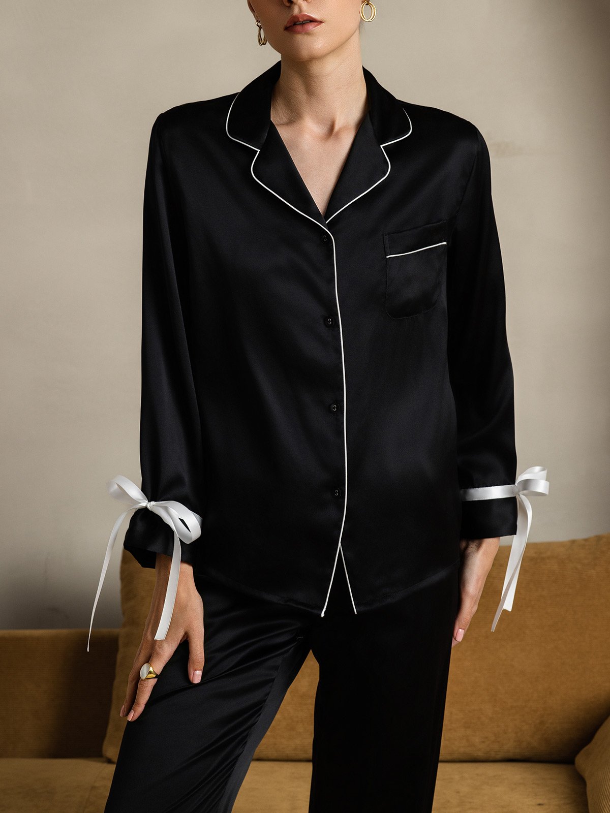 [Black] SilkSilky Pure Silk Long Sleeve Lapel Women's Pajamas 007