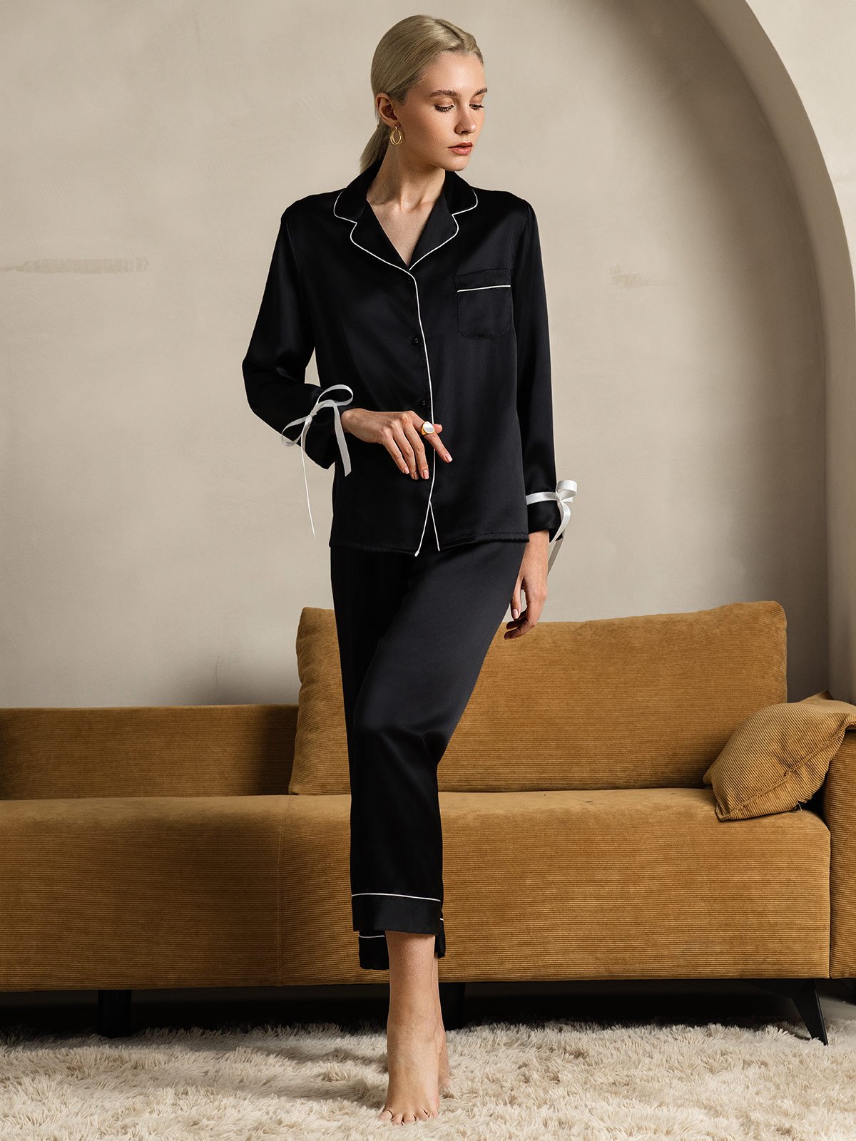 [Black] SilkSilky Pure Silk Long Sleeve Lapel Women's Pajamas 008