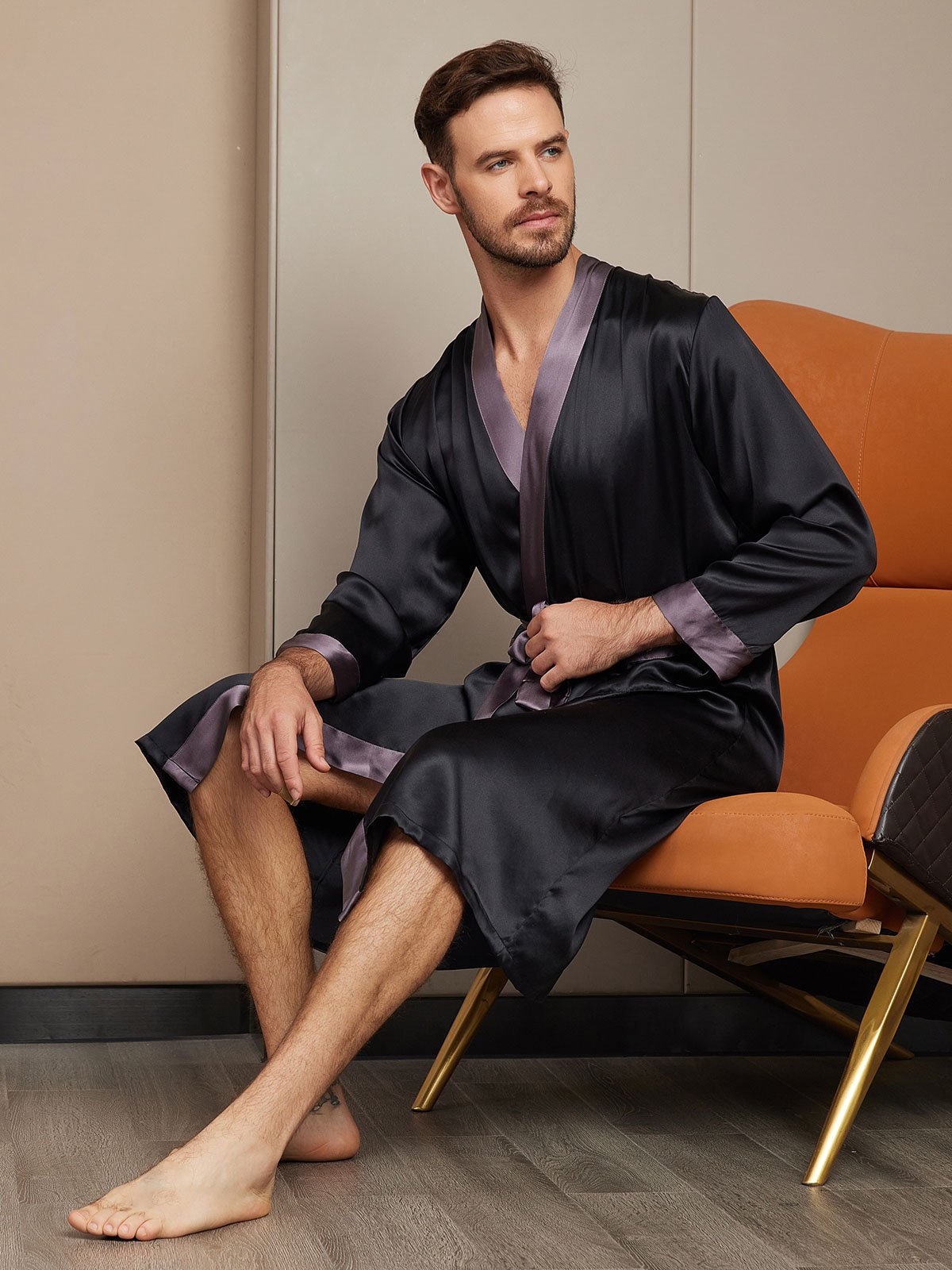 [Black] SilkSilky Pure Silk Long Sleeve Mens Robe 004