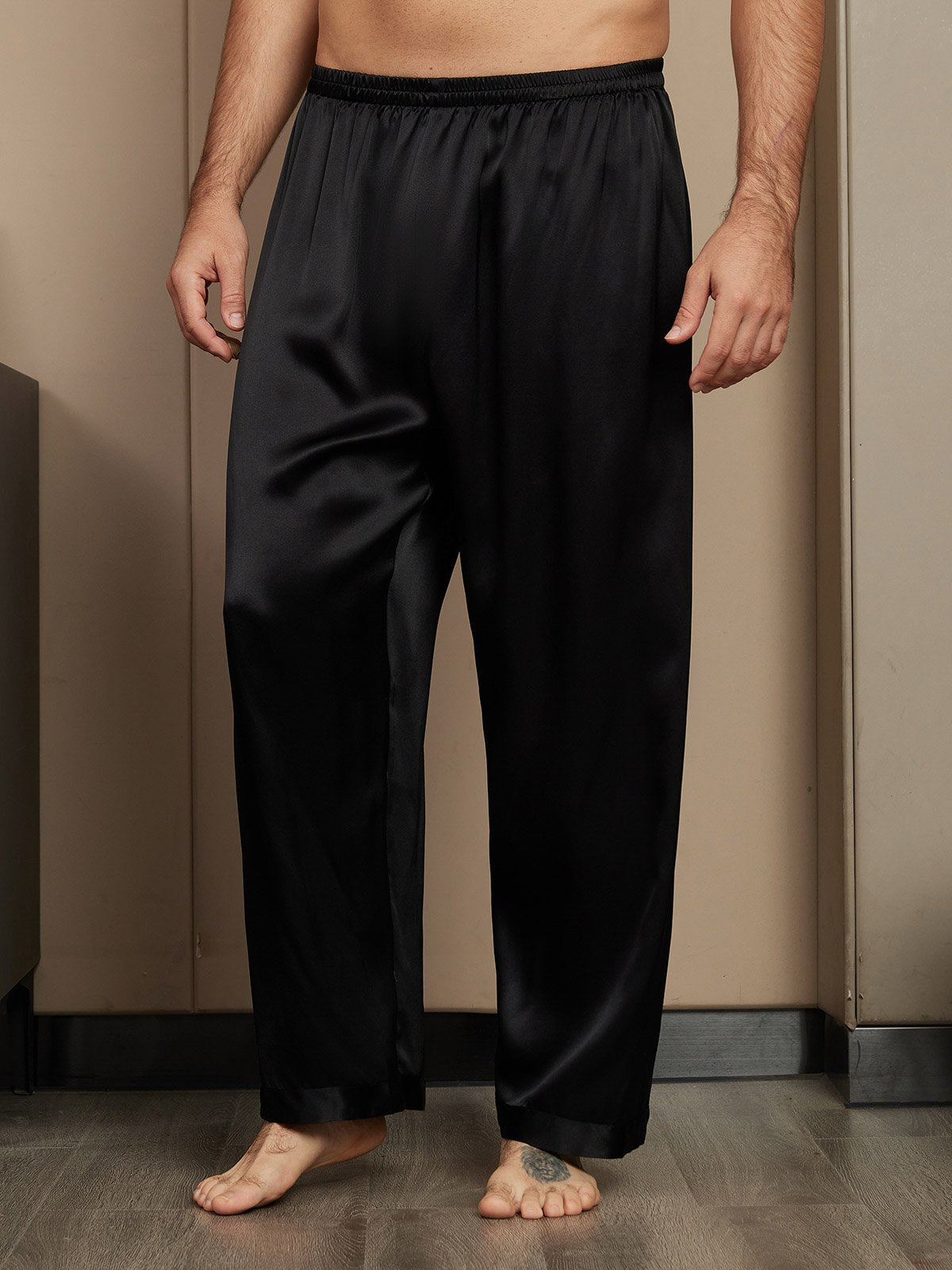 [Black] SilkSilky Pure Silk Mens Sleep Bottoms 001