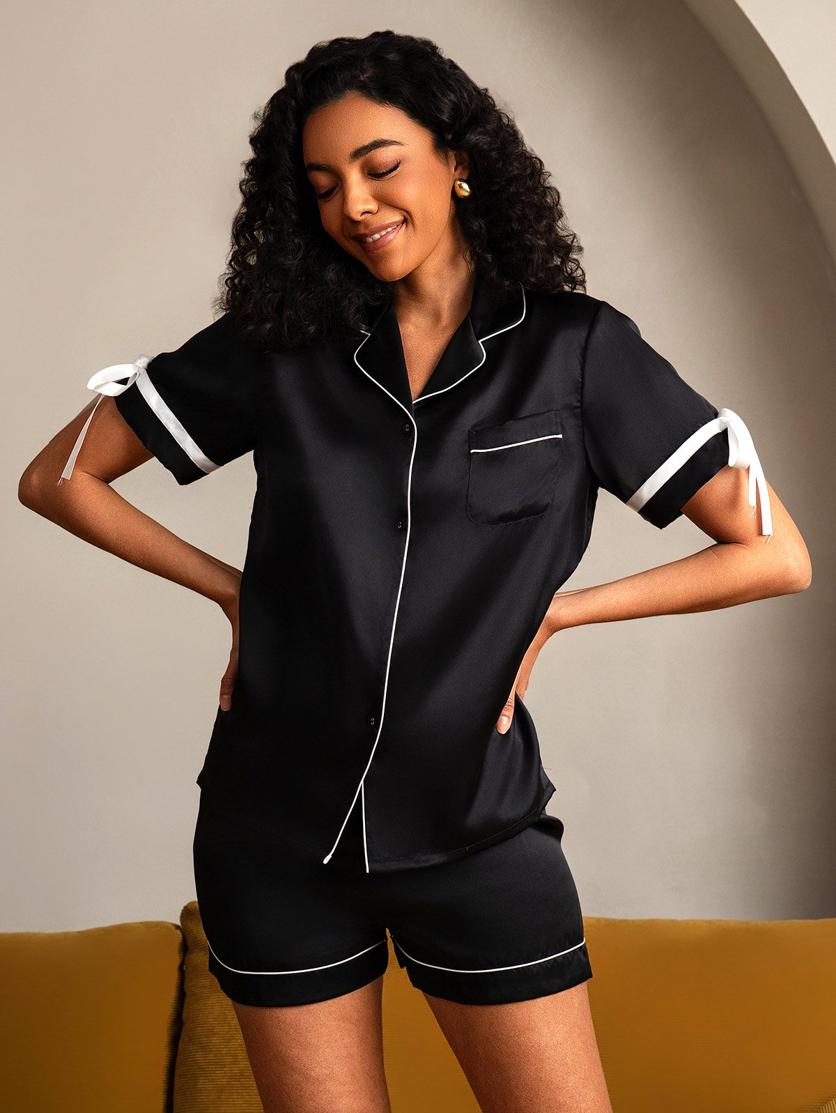 [Black] SilkSilky Pure Silk Short Sleeve Lapel Women's Pajamas 001