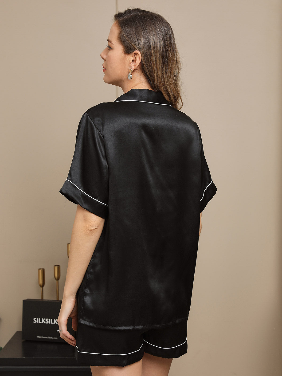 [Black] SilkSilky Pure Silk Short Sleeve Lapel Women's Pajamas 002