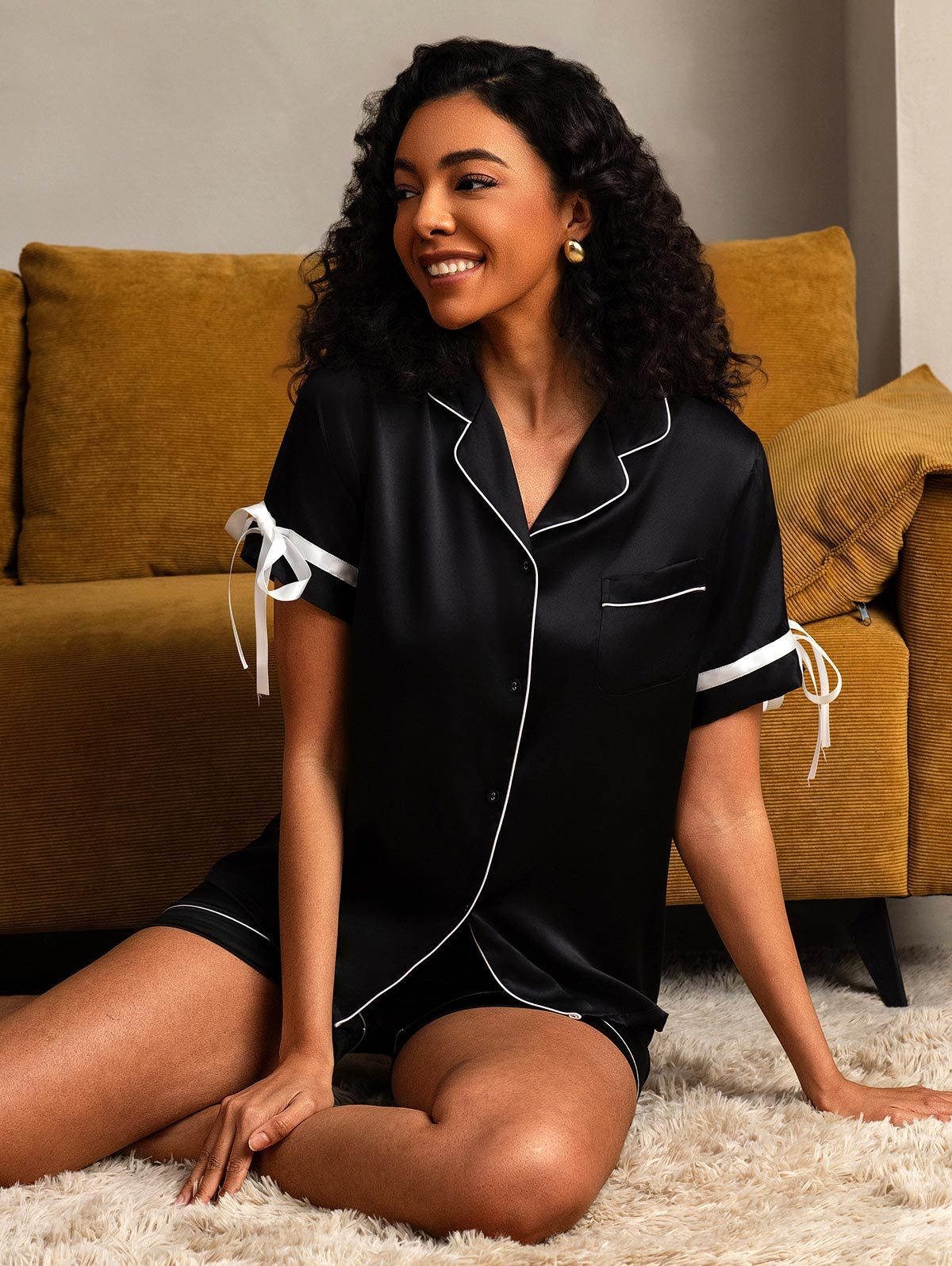 [Black] SilkSilky Pure Silk Short Sleeve Lapel Women's Pajamas 007