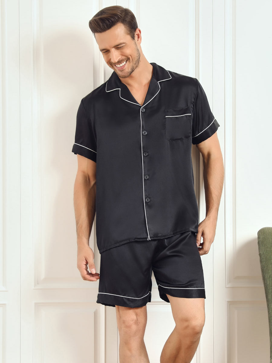 [Black] SilkSilky Pure Silk Short Sleeve Mens Pajamas 001