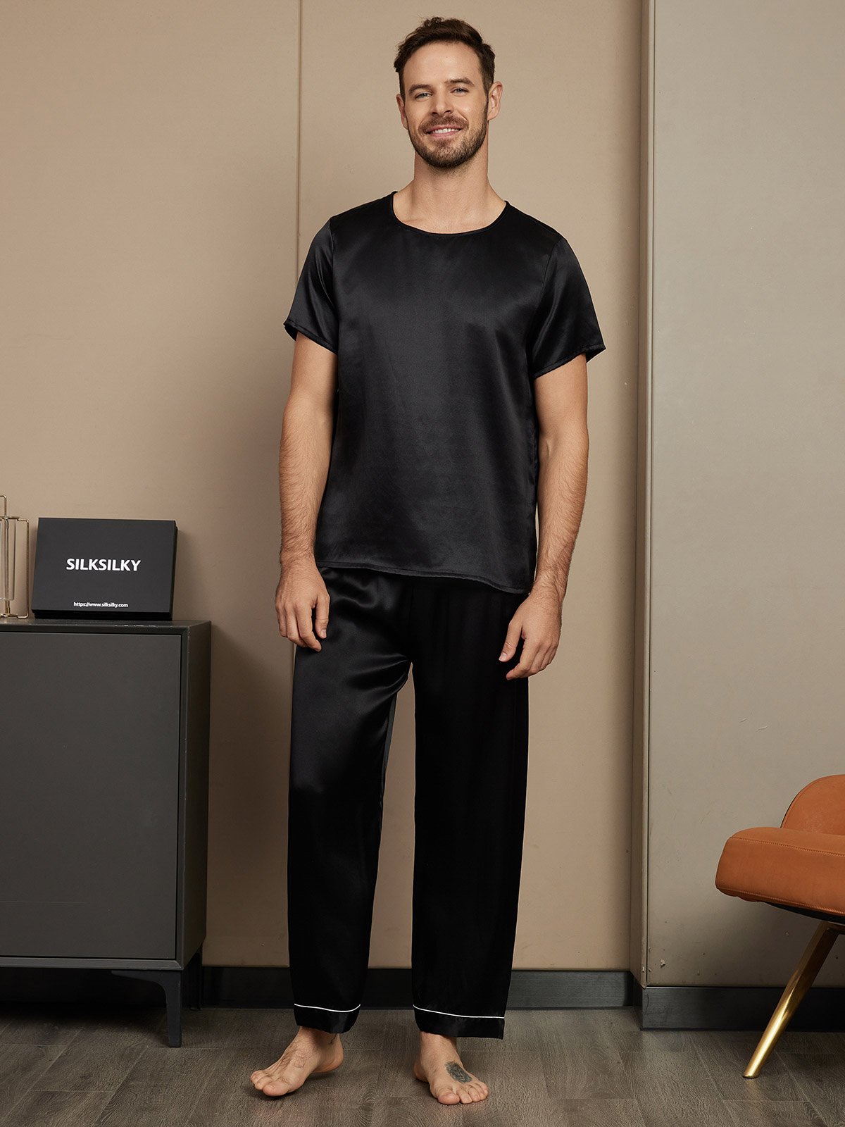 [Black] SilkSilky Pure Silk Short Sleeve Round Neck Men's Pajamas 001