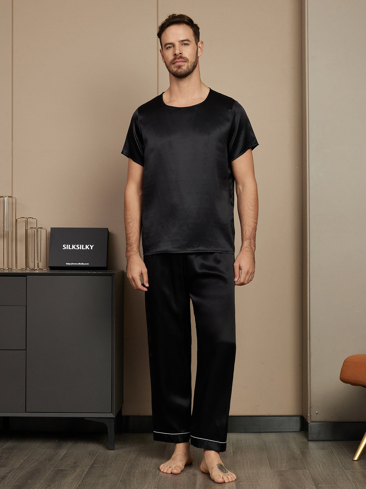 [Black] SilkSilky Pure Silk Short Sleeve Round Neck Men's Pajamas 003