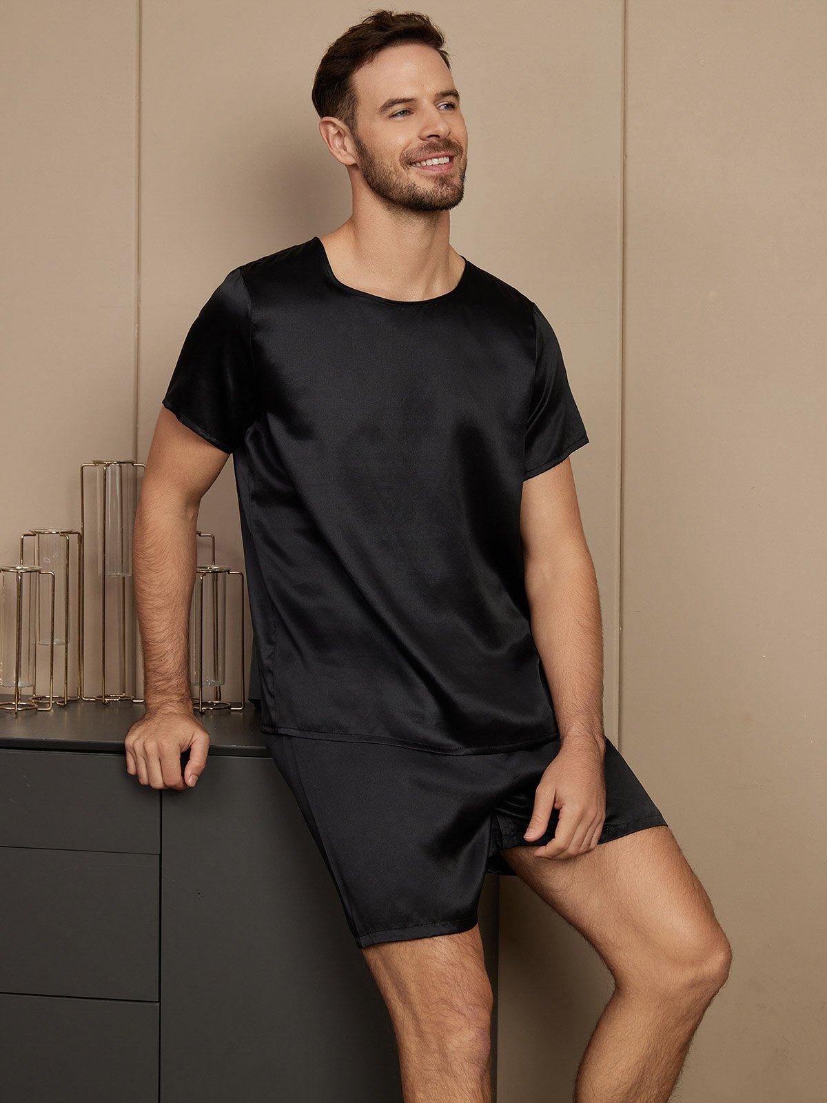 [Black] SilkSilky Pure Silk Short Sleeve Round Neck Men's Pajamas 004