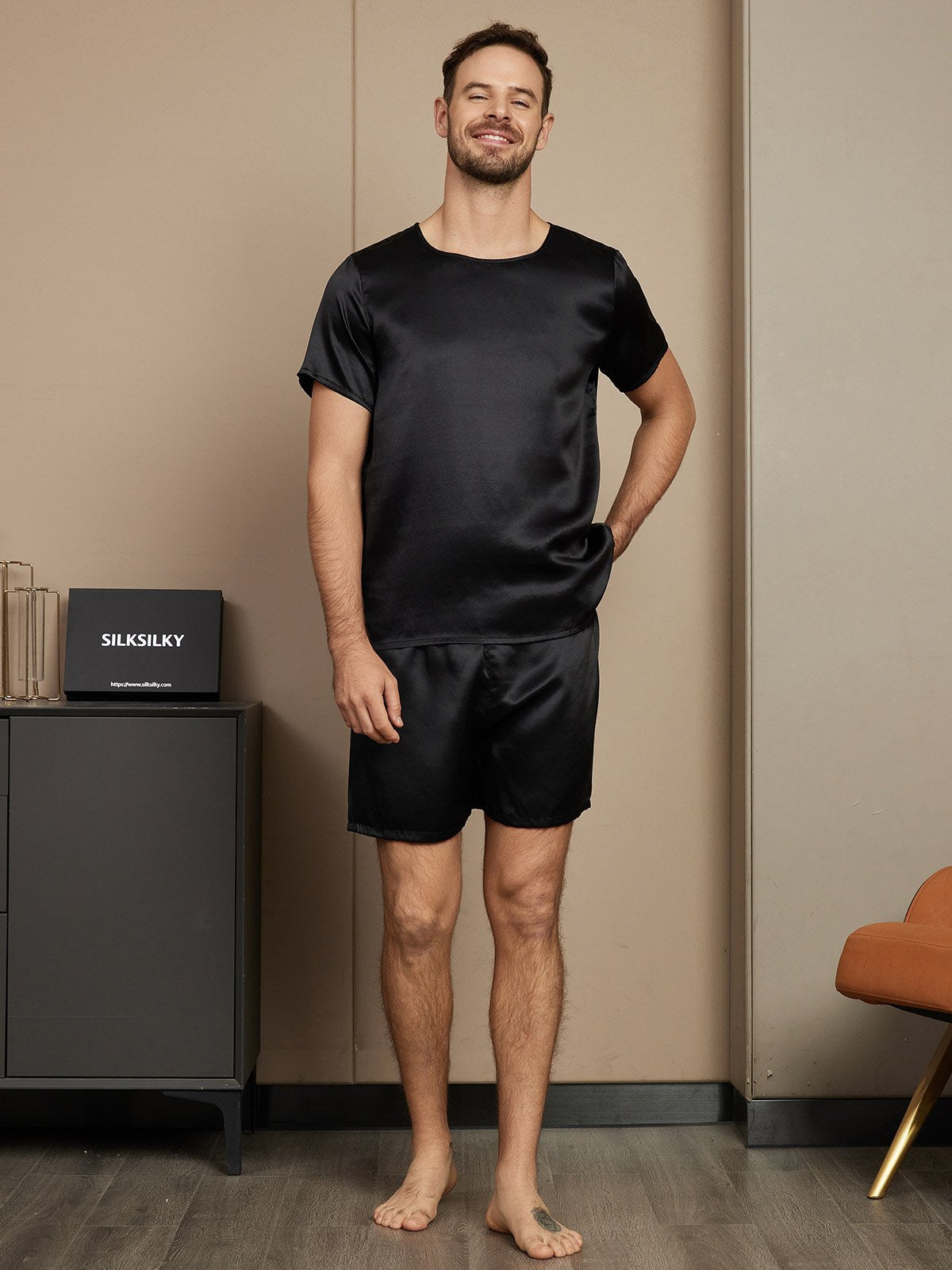 [Black] SilkSilky Pure Silk Short Sleeve Round Neck Men's Pajamas 005