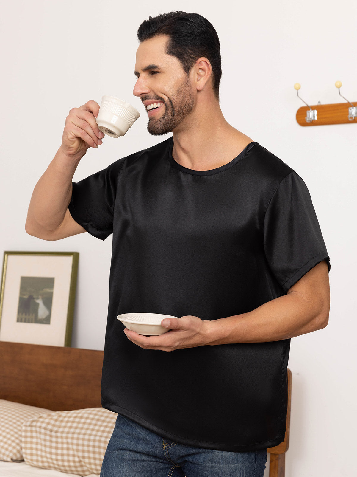 [Black] SilkSilky Pure Silk Short Sleeve Round Neck Men's T-Shirt 007