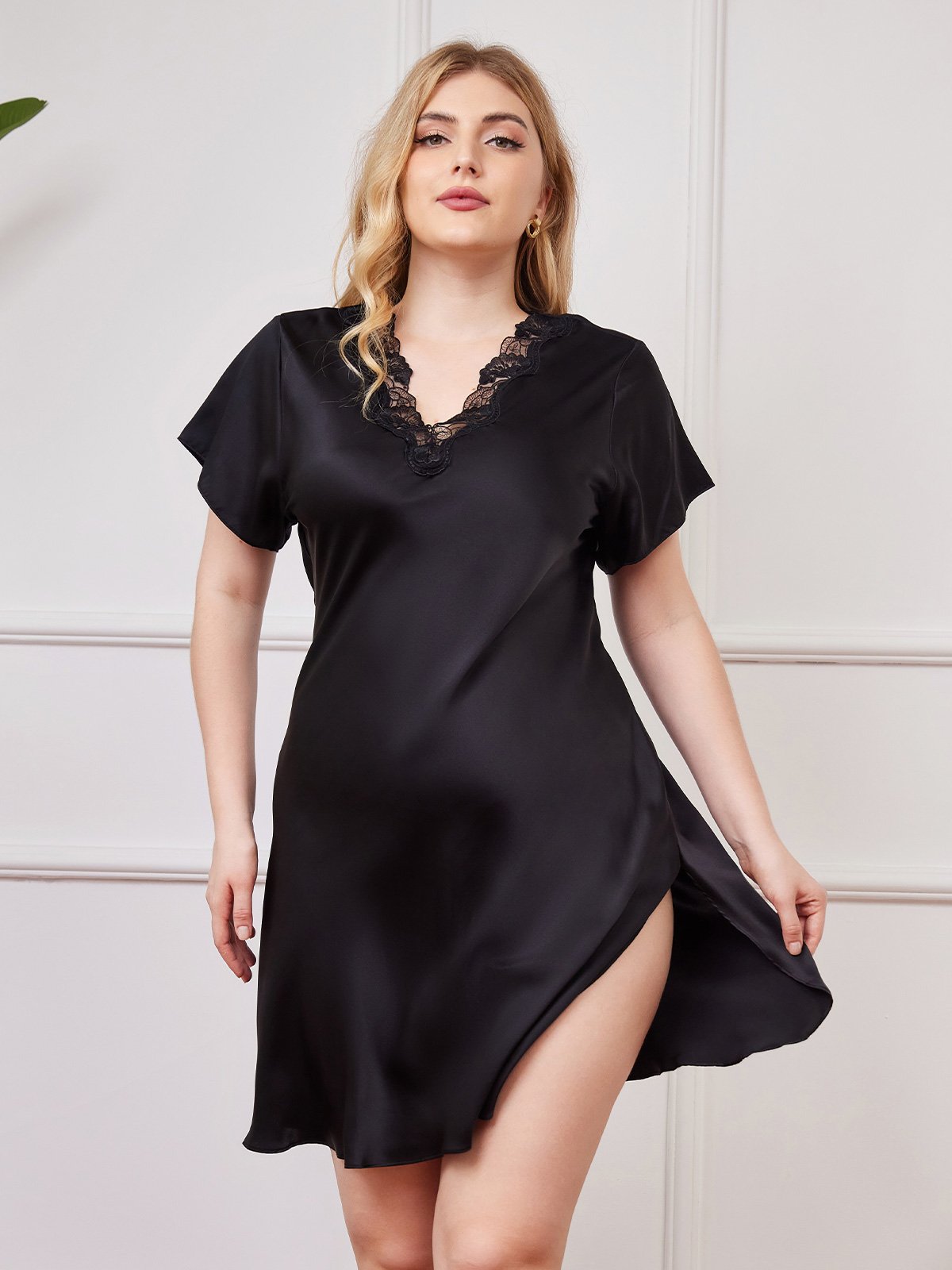 [Black] SilkSilky Pure Silk Short Sleeve V Neck Plus Size Nightgown 001