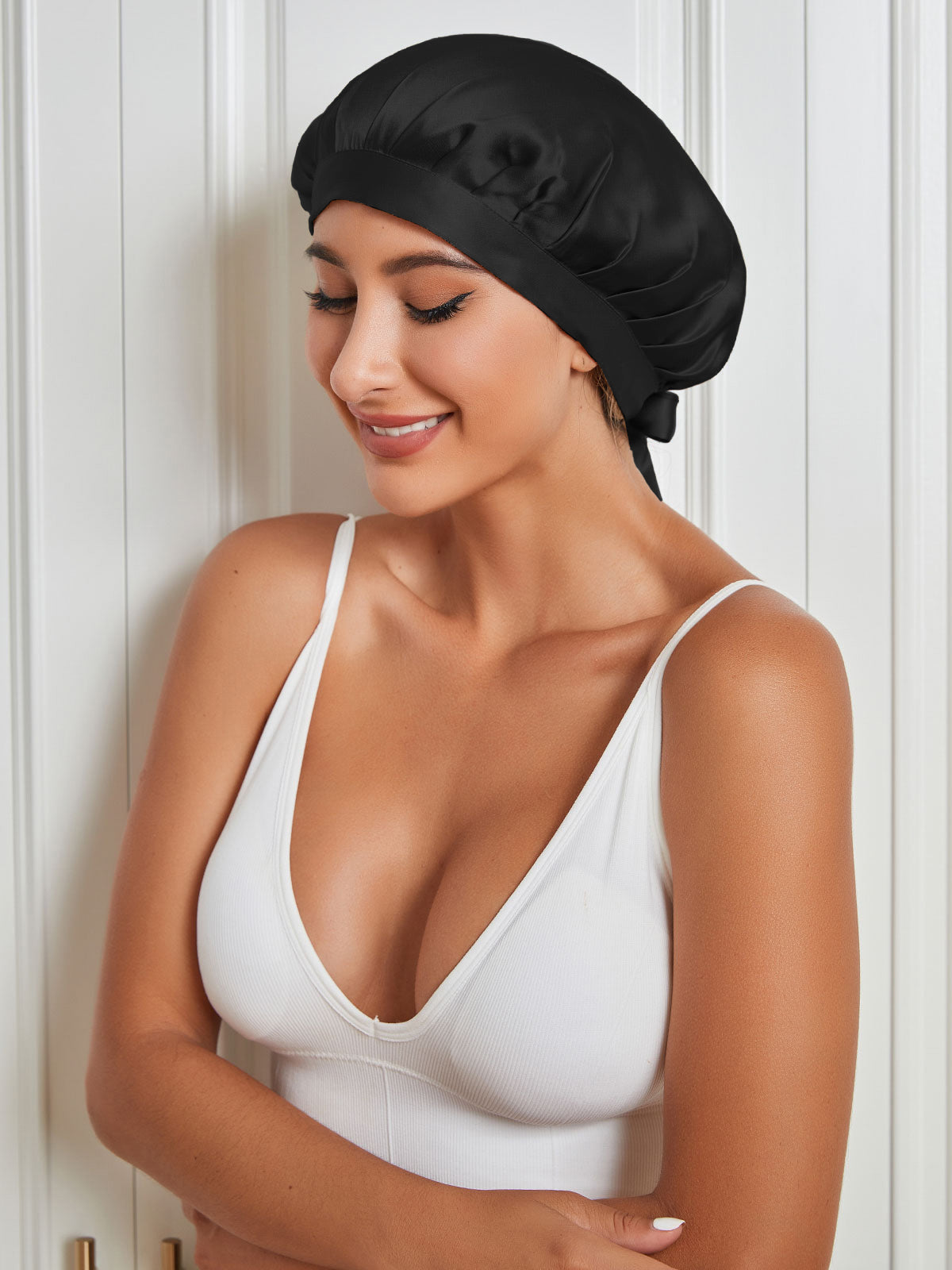 [Black] SilkSilky Pure Silk Sleep Cap 004