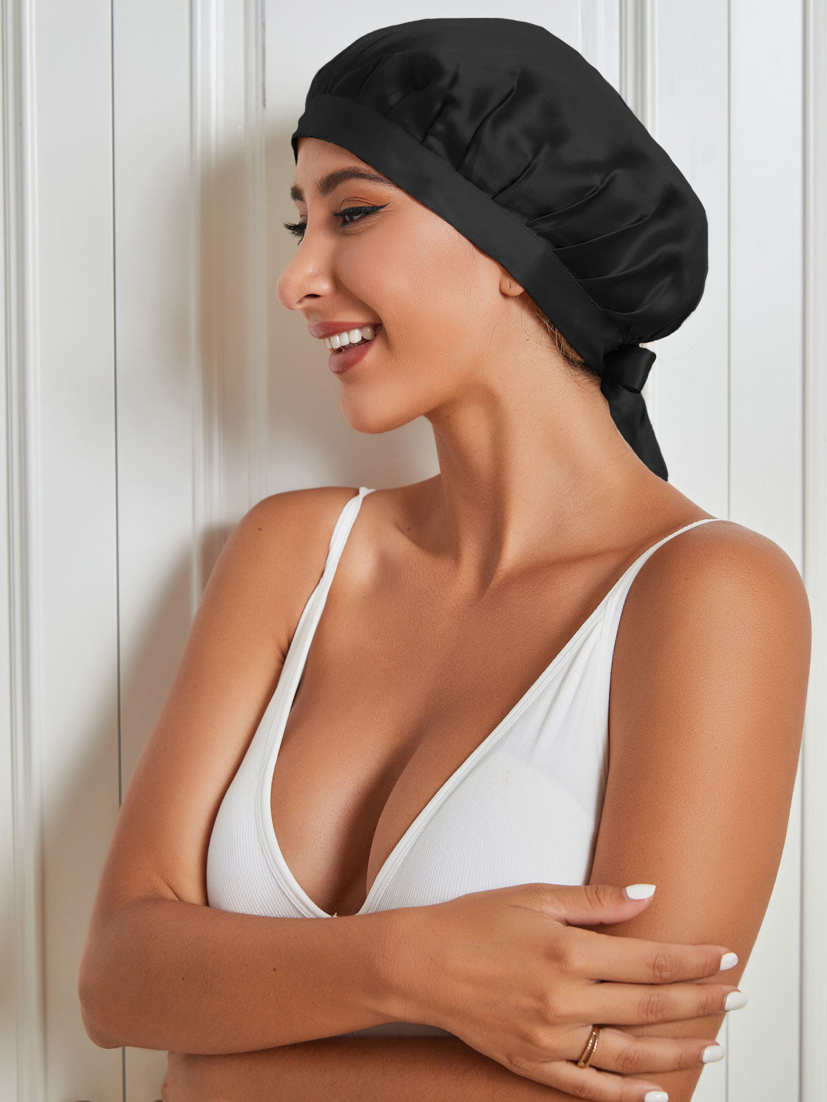 [Black] SilkSilky Pure Silk Sleep Cap 005