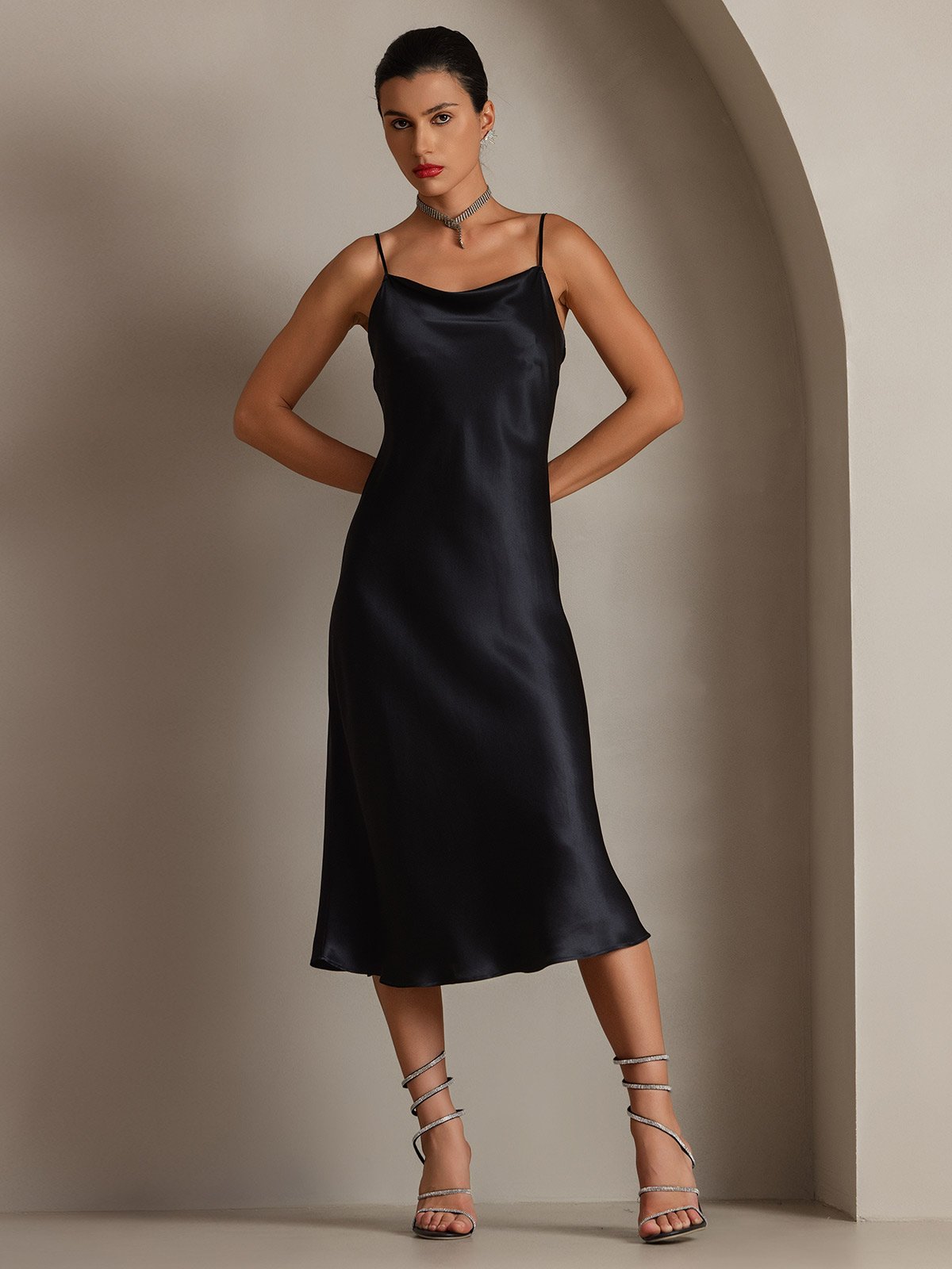 [Black] SilkSilky Pure Silk Sleeveless Cowl Neck Dress 001