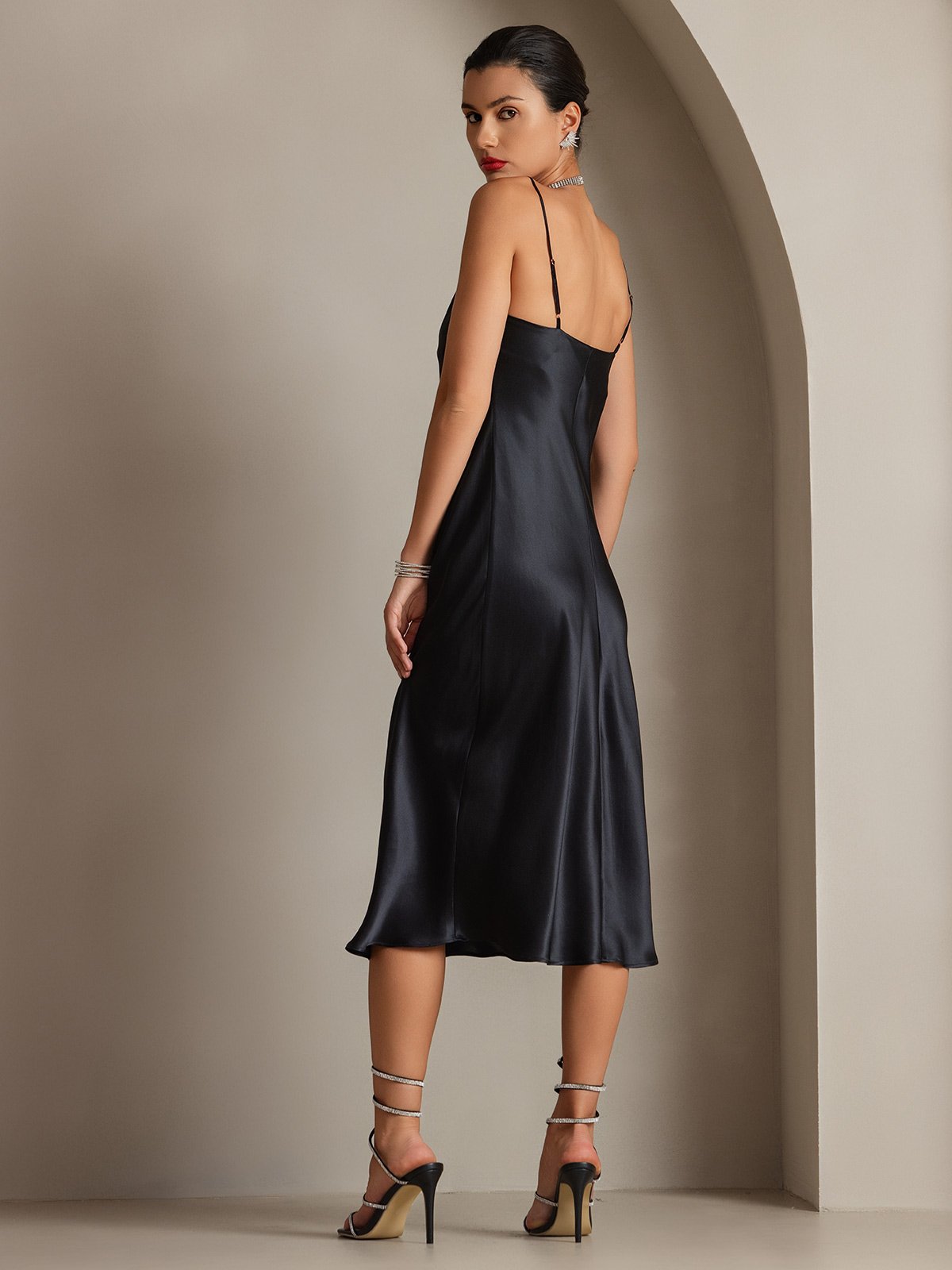 [Black] SilkSilky Pure Silk Sleeveless Cowl Neck Dress 002