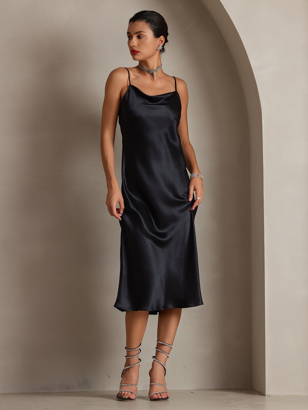 [Black] SilkSilky Pure Silk Sleeveless Cowl Neck Dress 003