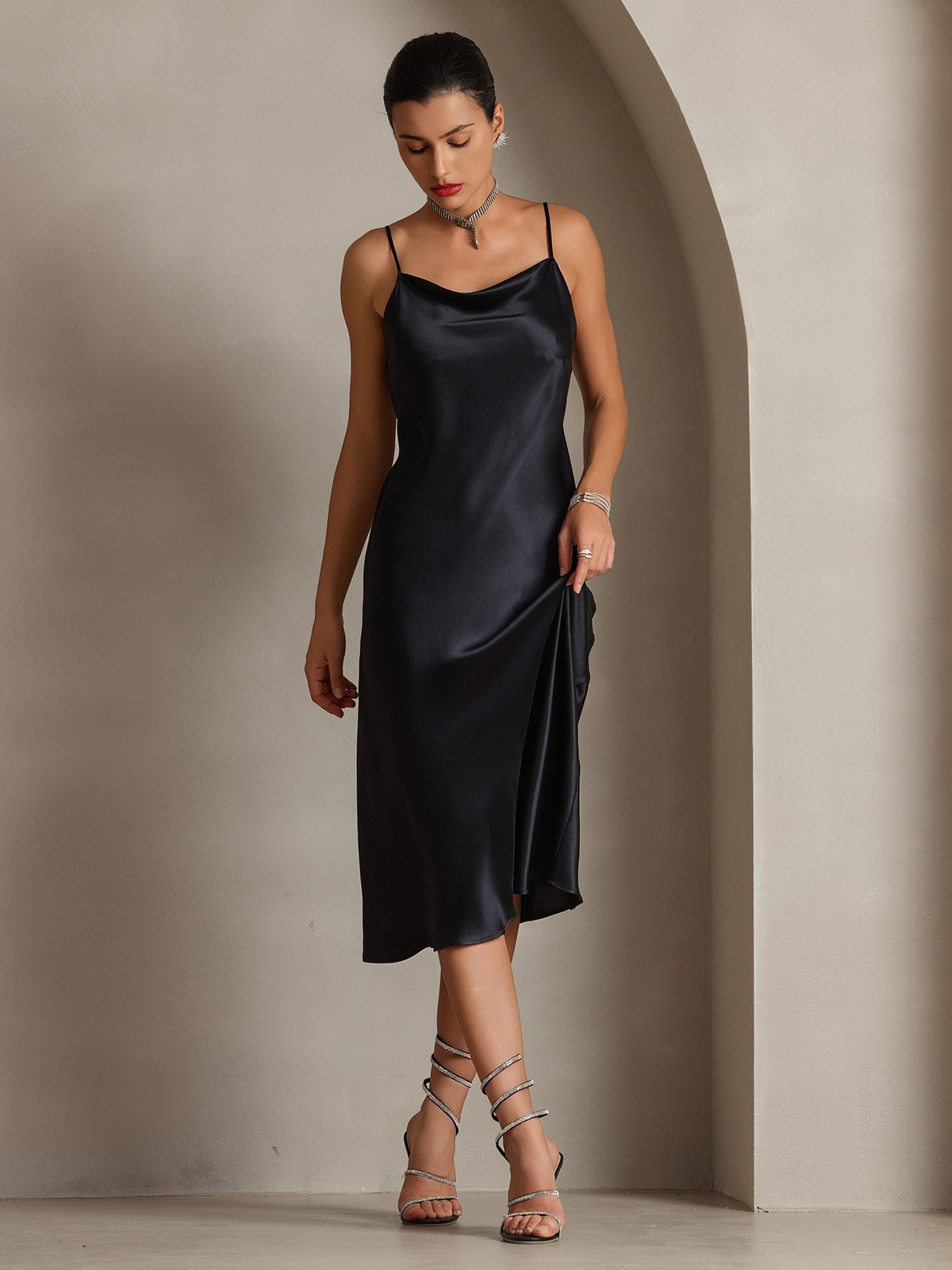 [Black] SilkSilky Pure Silk Sleeveless Cowl Neck Dress 004