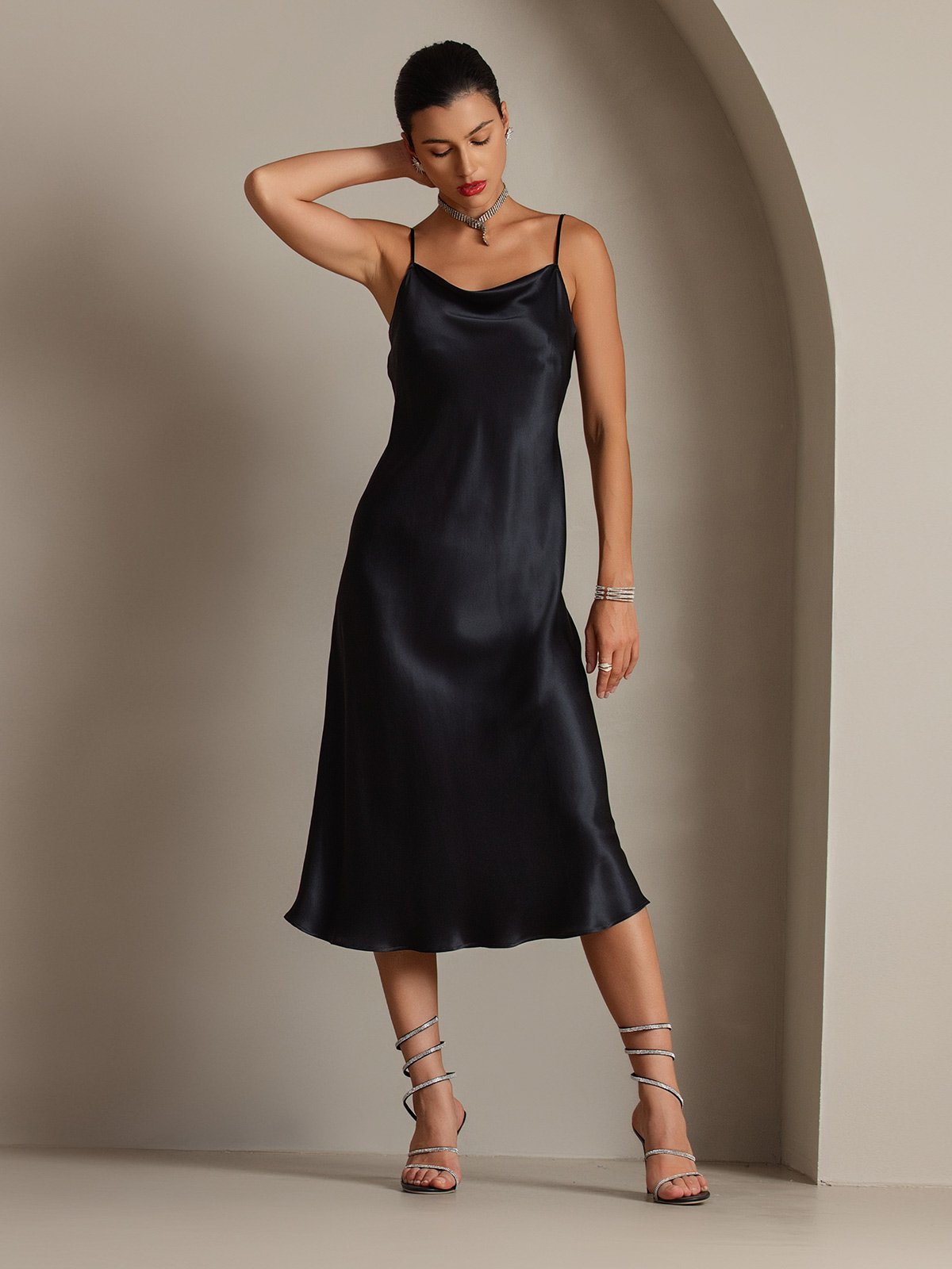 [Black] SilkSilky Pure Silk Sleeveless Cowl Neck Dress 006