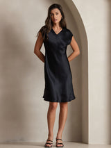 [Black] SilkSilky  Cap Sleeve V Neck Dress 001
