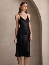 [Black] SilkSilky  Spaghetti Strap V Neck Dress 004