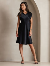 [Black] SilkSilky  Cap Sleeve V Neck Dress 006