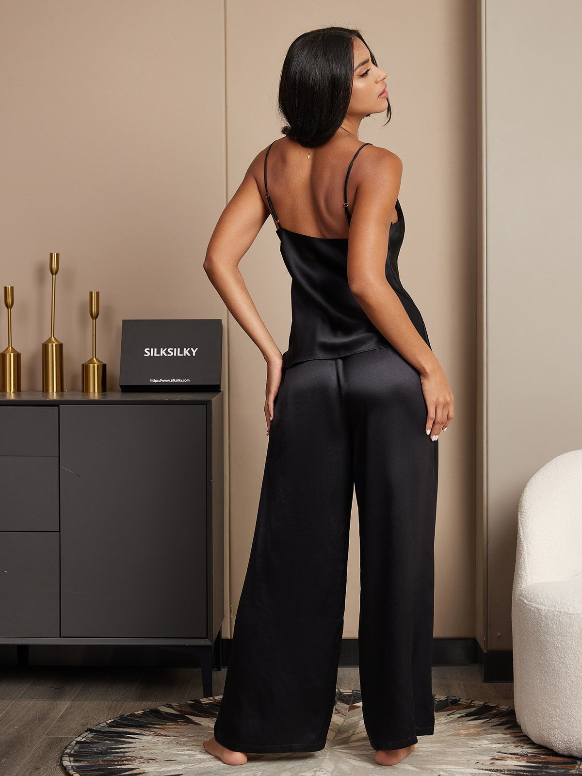 [Black] SilkSilky  Pure Silk V Neck Camisole Set 002