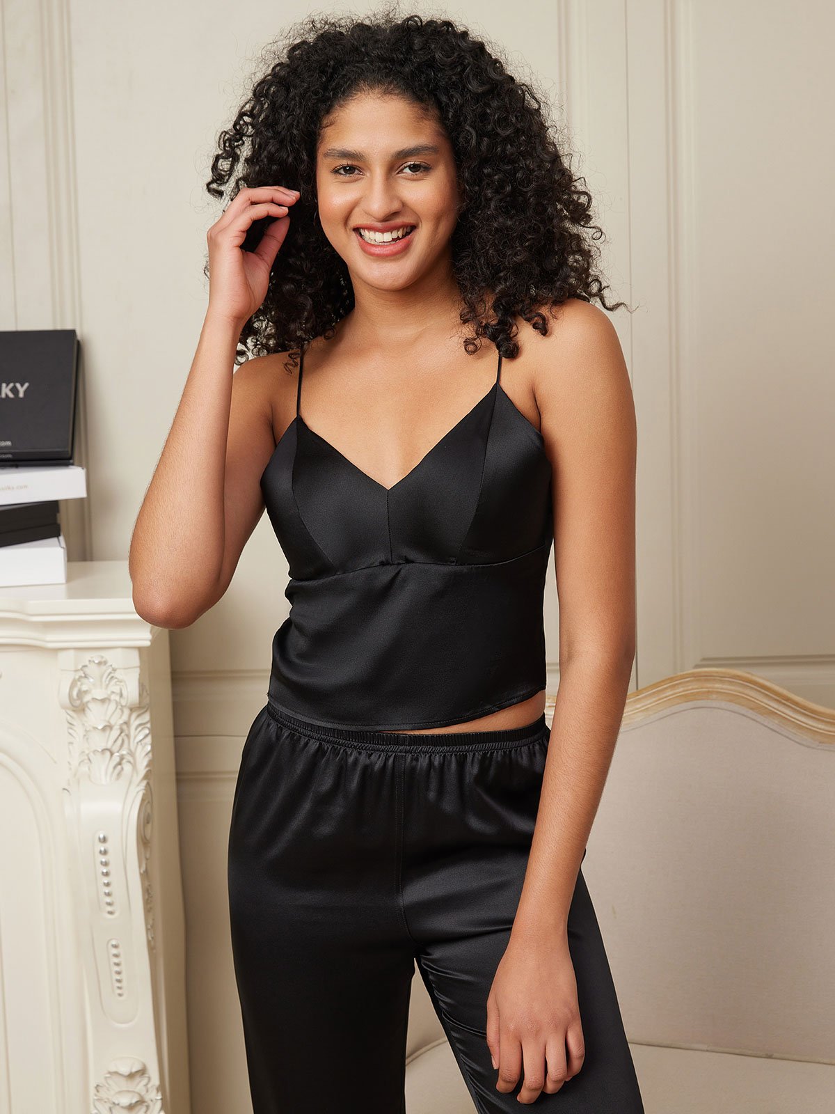 [Black] SilkSilky Pure Silk V Neck Camisole Top 005