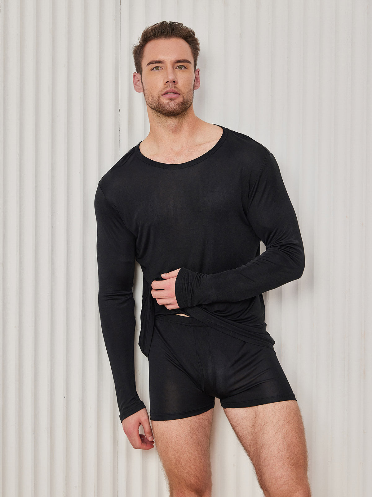 [Black] SilkSilky Silk Knitted Long Sleeve Round Neck Men's T-Shirt 003