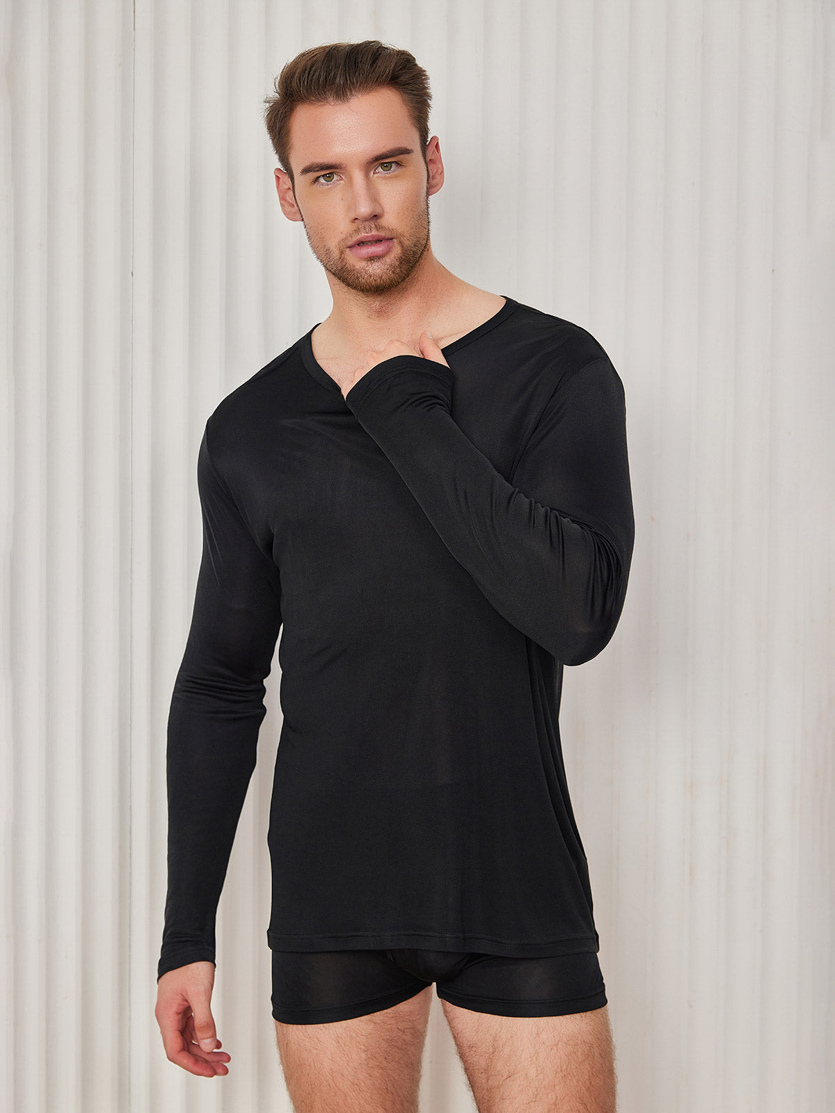 [Black] SilkSilky Silk Knitted Long Sleeve Round Neck Men's T-Shirt 005