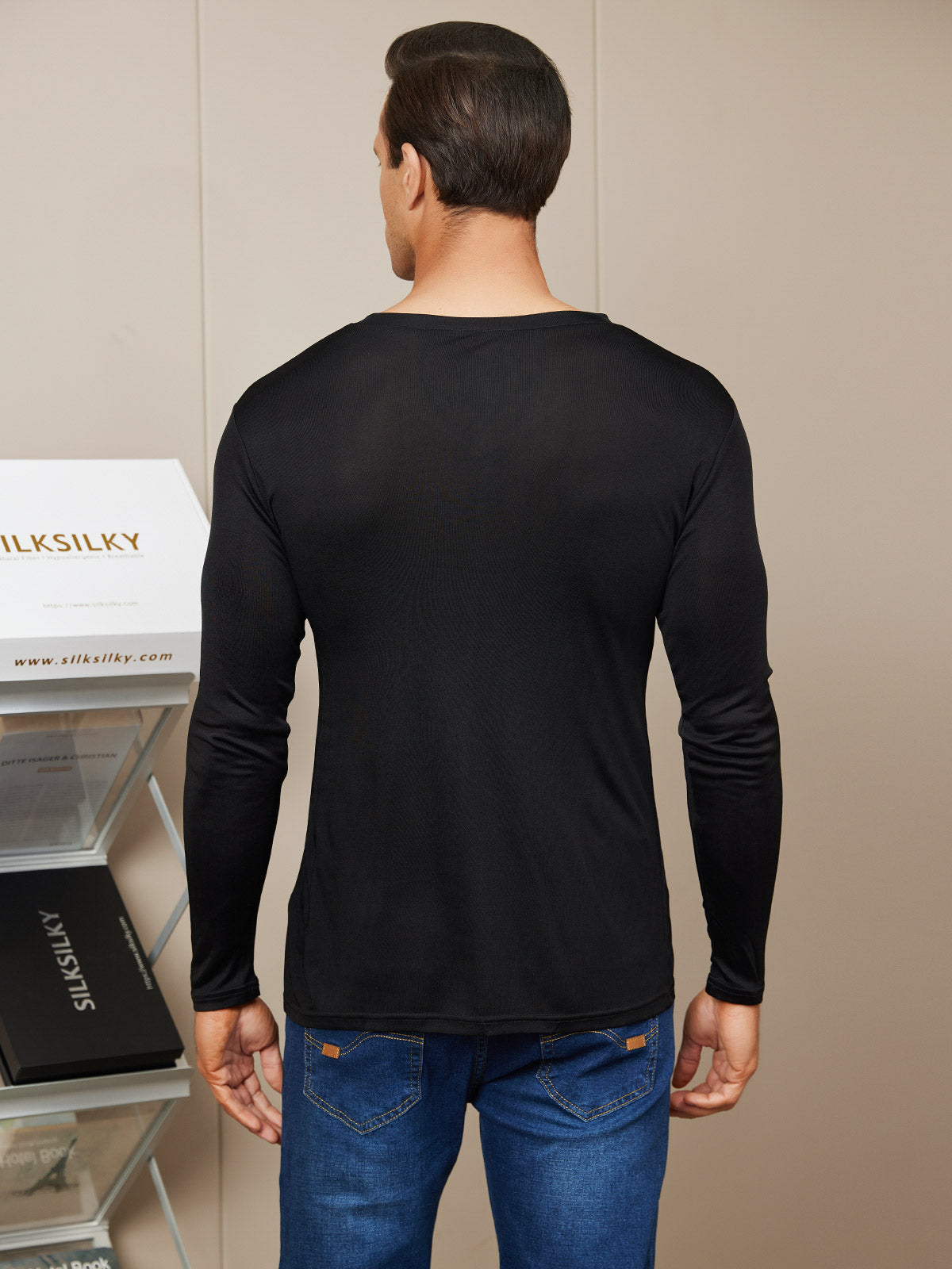 [Black] SilkSilky Silk Knitted Long Sleeve V Neck Men's T-Shirt 002