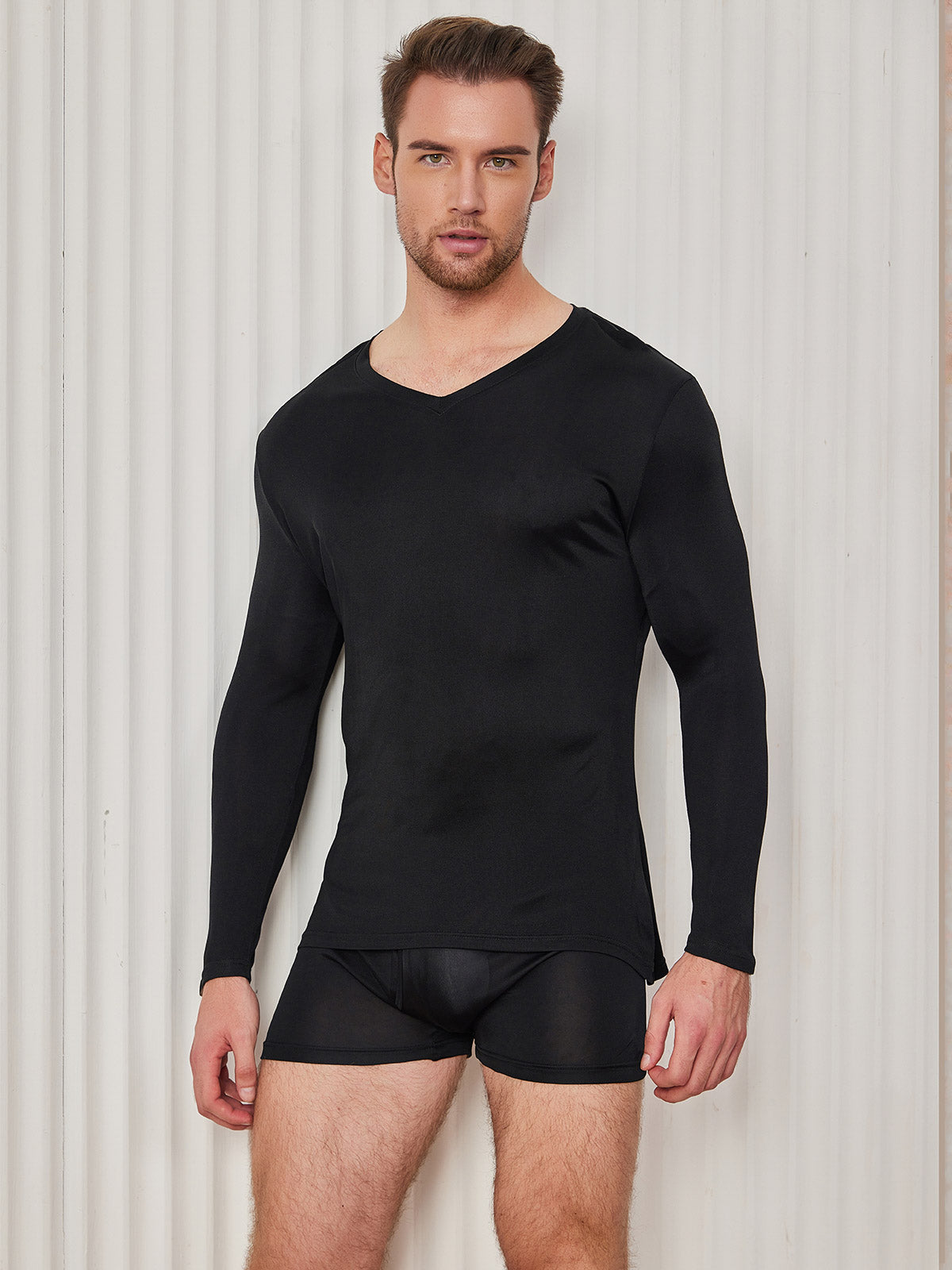 [Black] SilkSilky Silk Knitted Long Sleeve V Neck Men's T-Shirt 003