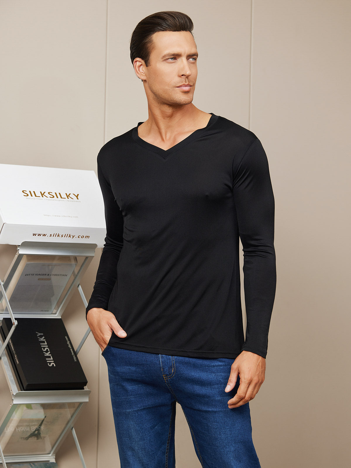 [Black] SilkSilky Silk Knitted Long Sleeve V Neck Men's T-Shirt 003