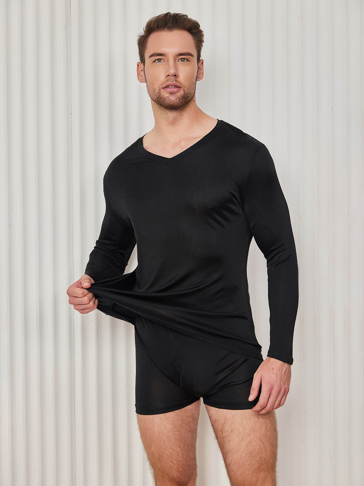 [Black] SilkSilky Silk Knitted Long Sleeve V Neck Men's T-Shirt 005