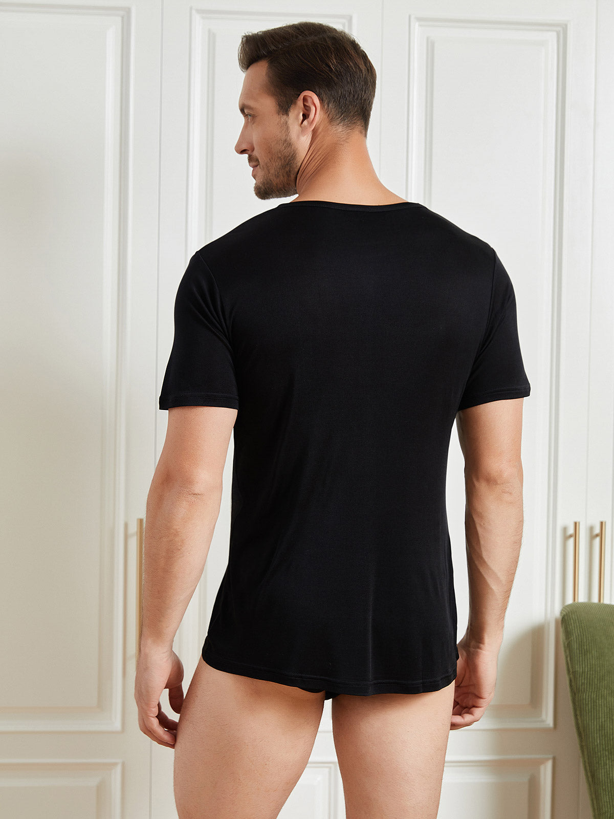 [Black] SilkSilky Silk Knitted Short Sleeve Round Neck Men's T-Shirt 002