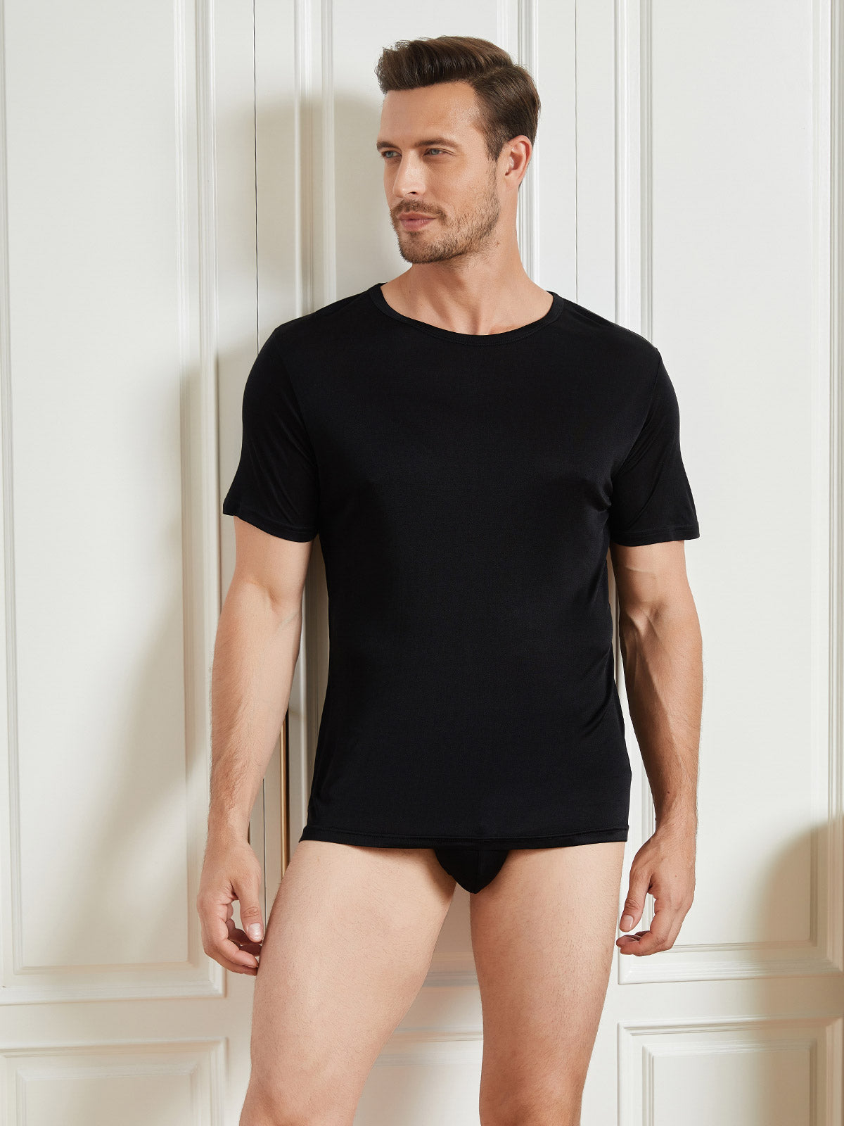 [Black] SilkSilky Silk Knitted Short Sleeve Round Neck Men's T-Shirt 005
