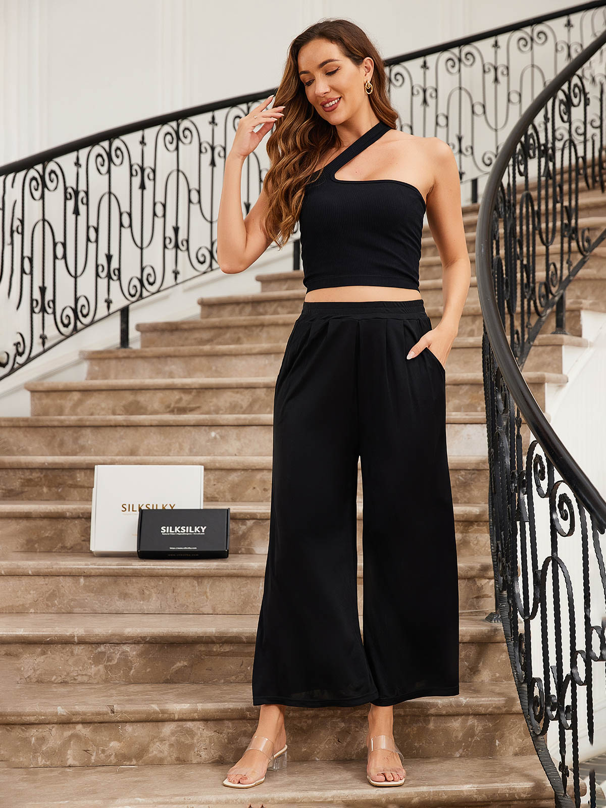 [Black] SilkSilky Silk Knitted Womens Pants 004